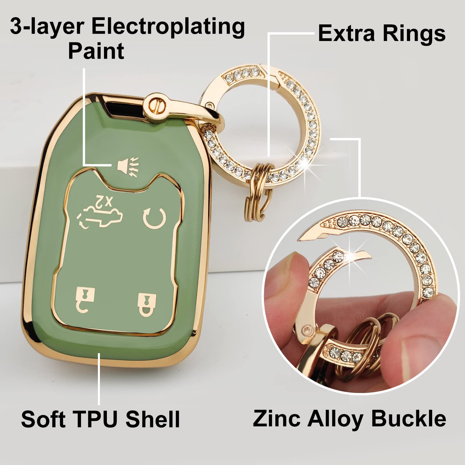Ollen 5-Button Tpu Key Fob Cover, Fit For Gmc Acadia 2017-2025, For Terrain 2018-2025, For Sierra 2019-2025, For Chevy Silverado 2019-2022, Full Protection Soft Tpu Key Case, With Bling Ring, Green