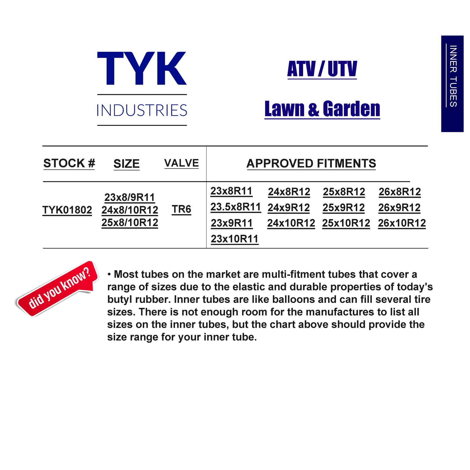 (2-Pack) Tyk Industries Atv Tire Tubes 25X8-12 Inner Tube - Durable Replacement Tire Inner Tube For 25X9-12, 25X10-12 Atv Utv Tire Inner Tubes With Tr6 Metal Valve Stems