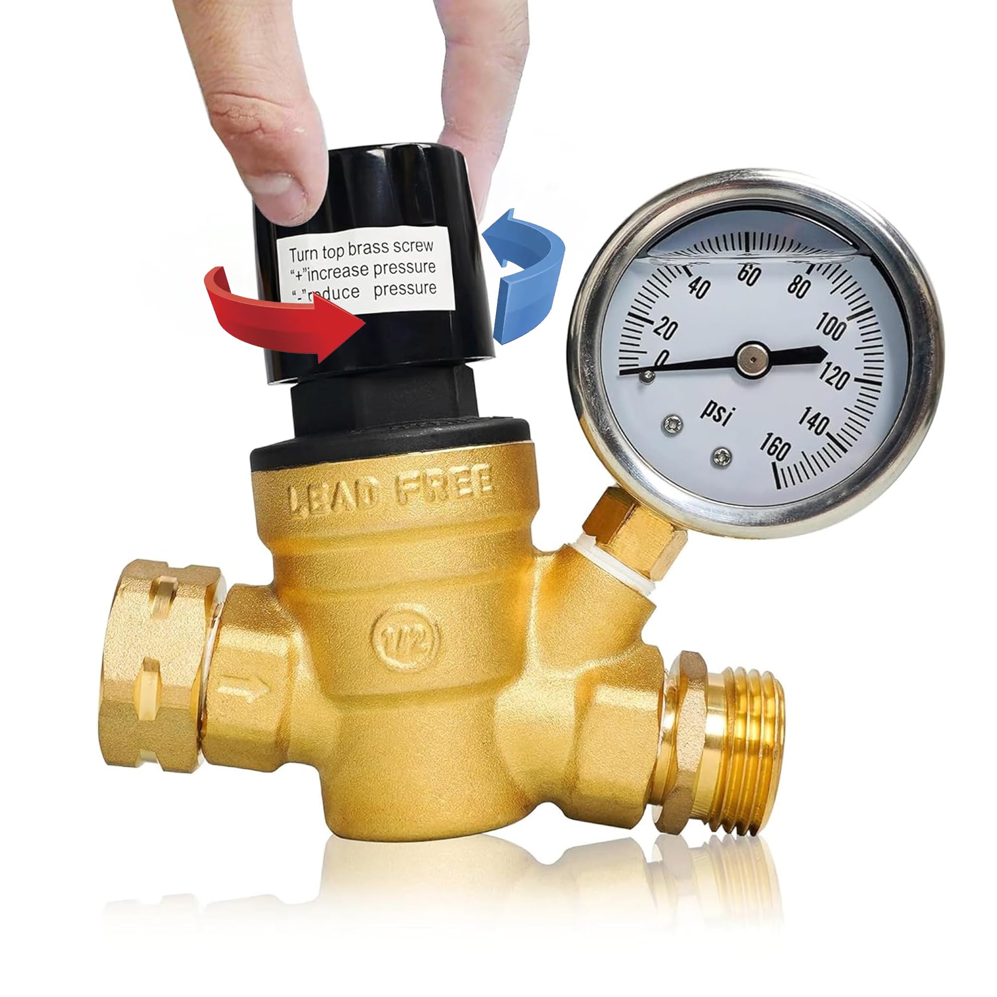 Hourleey Rv Water Pressure Regulator, Adjustable Handle Brass Water Pressure Regulator, Water Pressure Reducer With Gauge And In