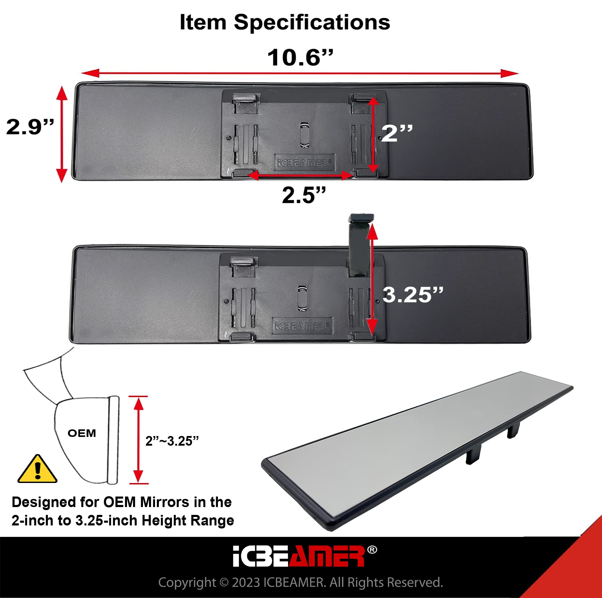 Icbeamer 10.6'' Car Rear View Mirror, Clear Flat Surface, 270Mm Panoramic Accessories, Wide Angle Blindspot For Car, Rubber Clip
