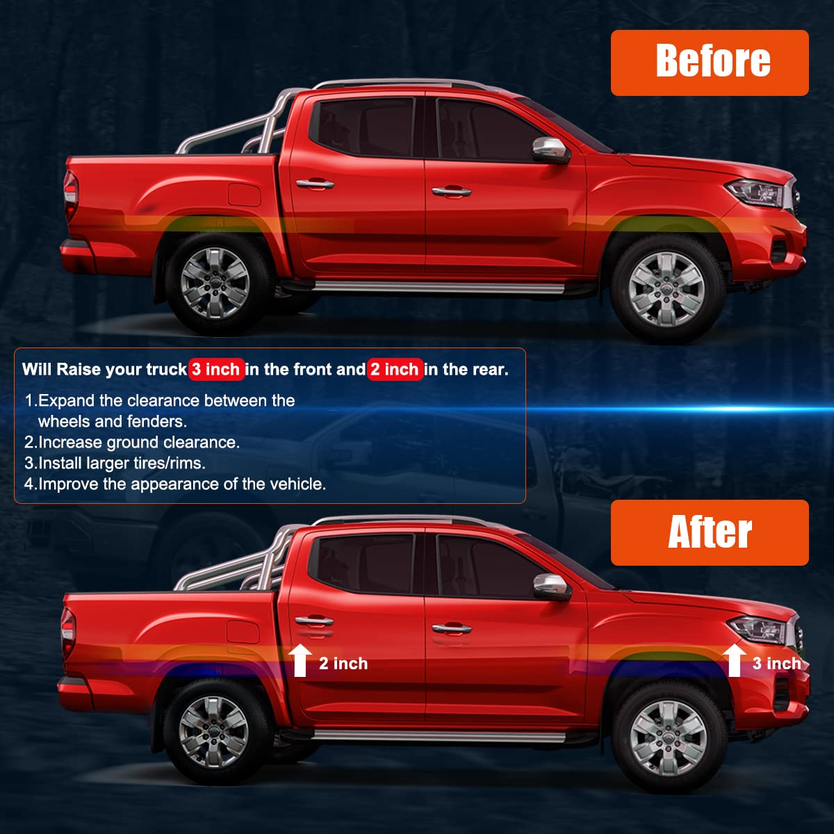 Gasupply 3''F+2''R Full Leveling Lift Kits For 2007-2023 Chevy Silverado 1500 Gmc Sierra 1500, 3 Inch Front Strut Spacers + 2 In