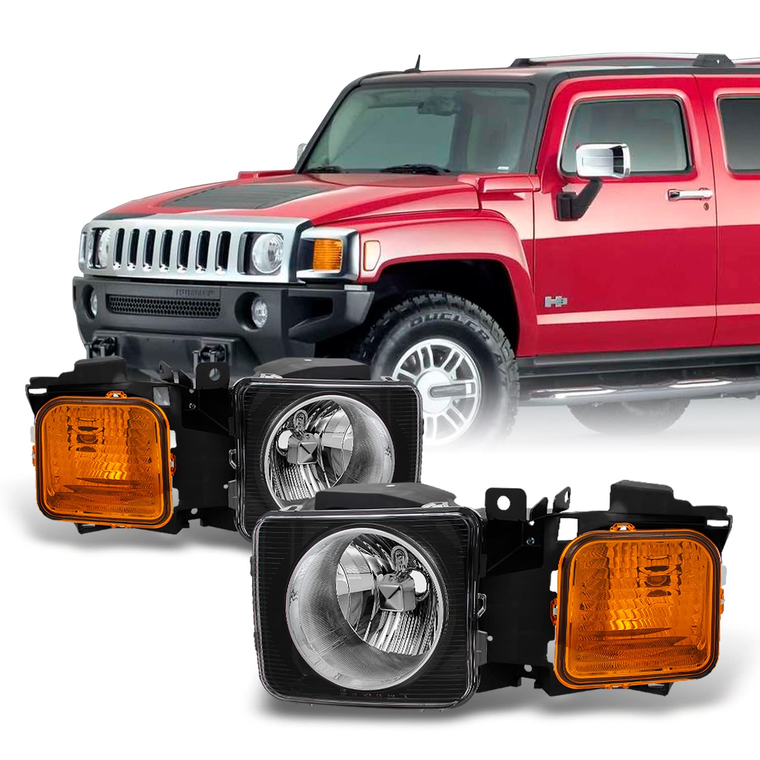 Akkon - For Hummer H3 | H3T Black Amber Headlights Head Lamps Driver Left + Passenger Right Side Replacement Set