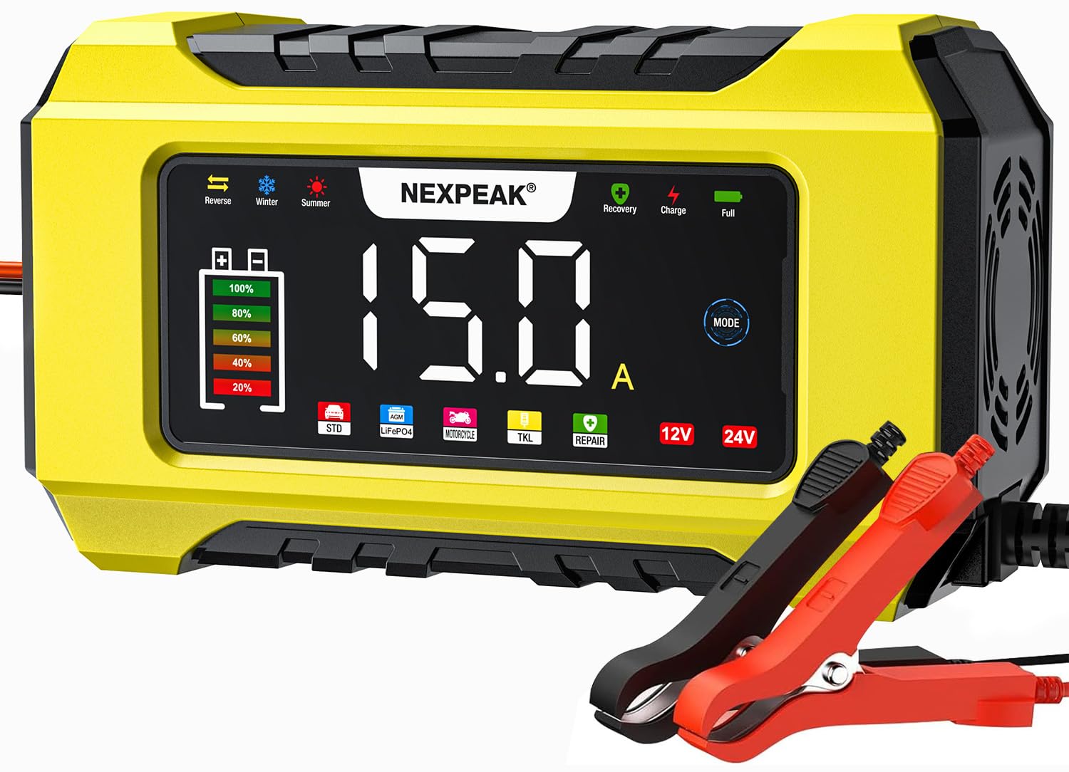 Nexpeak Nc215 15-Amp Battery Charger, Trickle Charger Car Battery Charger 12V 24V Lifepo4 Lead Acid Portable 9-Stage Smart Batte