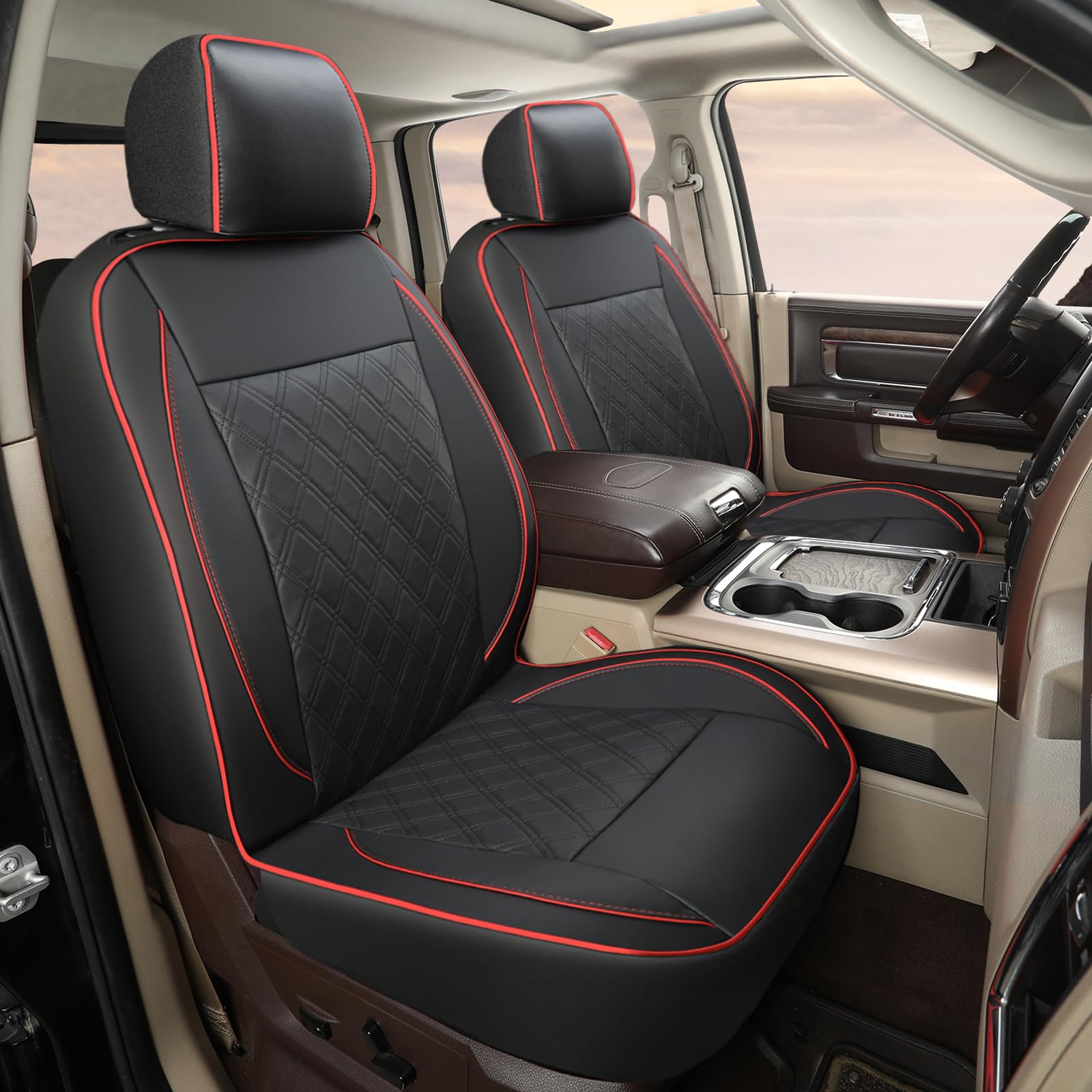 GIANT PANDA 2-Pack Front Car Seat Cover for Ram, Piping Leather Bucket Seat Covers Custom Fit Dodge Ram 1500 2500 3500 Trucks,Lu