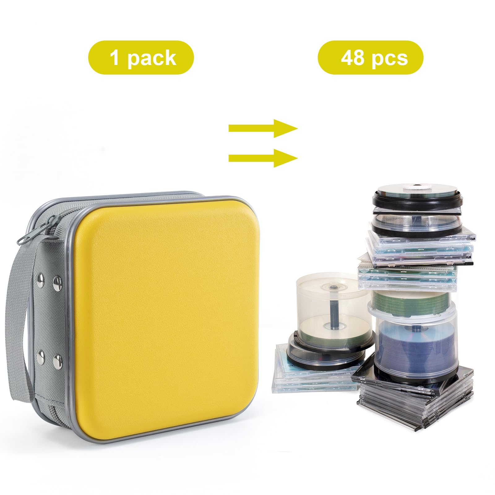 Uentip Car Cd Case, 48 Capacity, Yellow, Portable, Zipper, Disc Organizer
