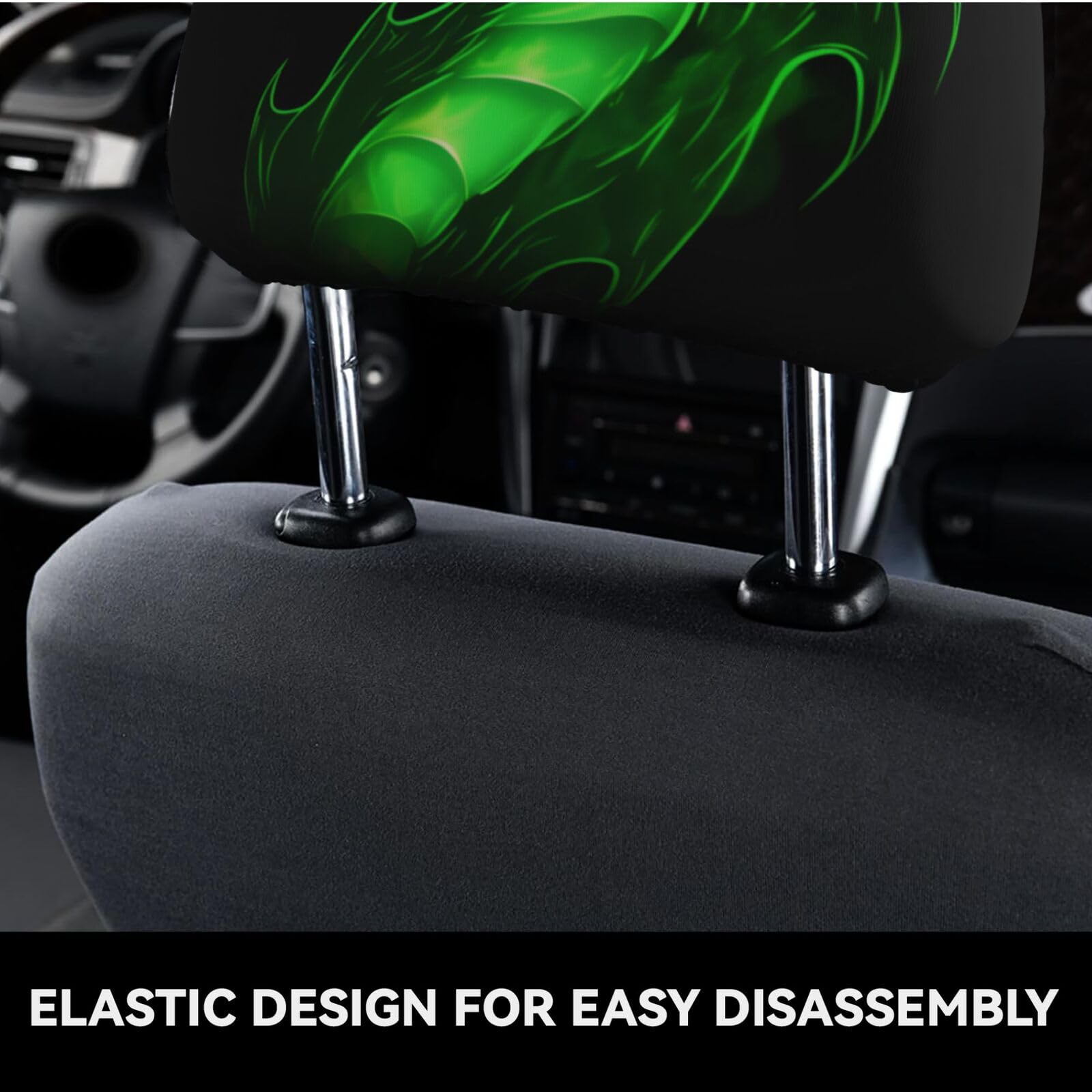 Dujiea 2 Pack Dragon Green Fire Car Headrest Covers, Universal Soft Car Seat Head Rest Protector, Vehicle Accessories Fabric Hea