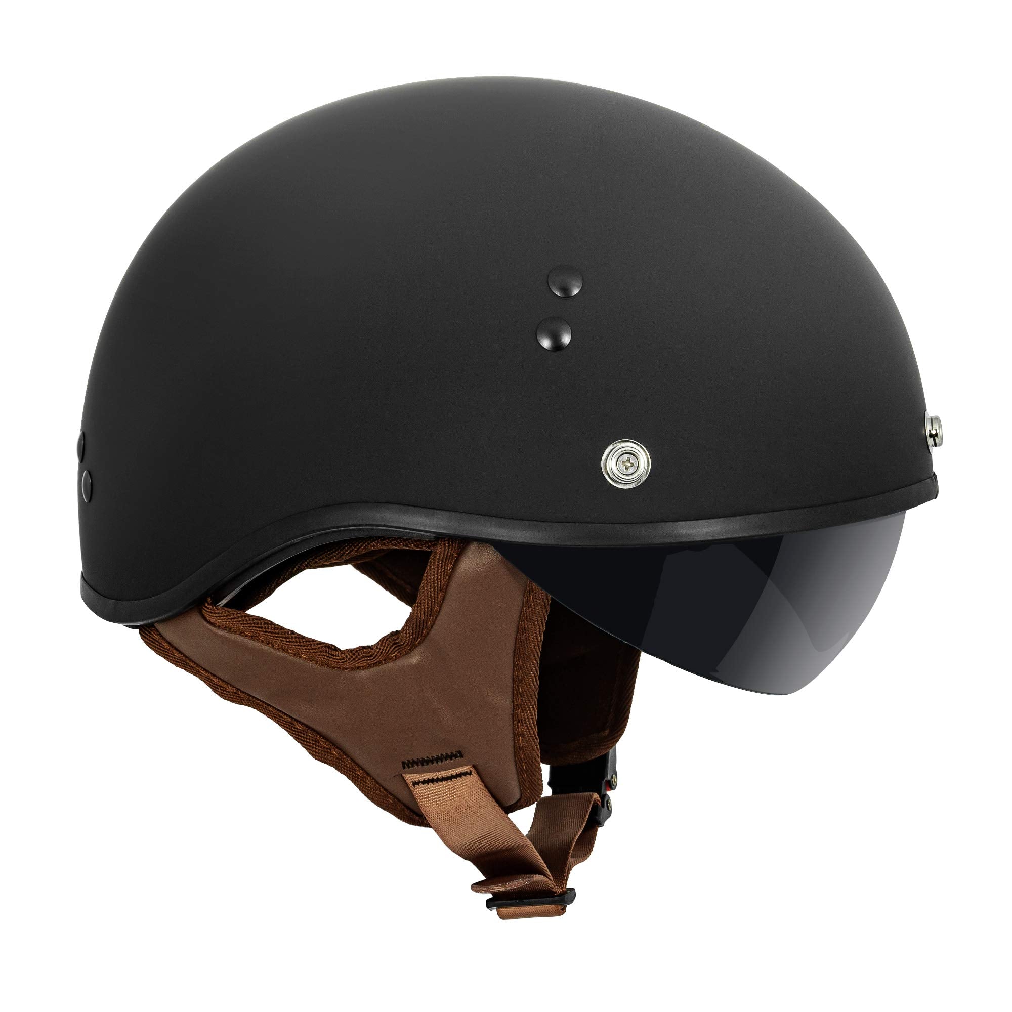 Vcan Cruiser Solid Flat Black Half Face Motorcycle Helmet With Drop-Down Sun Visor, Removable Peak And Quick Release Buckle (X-S