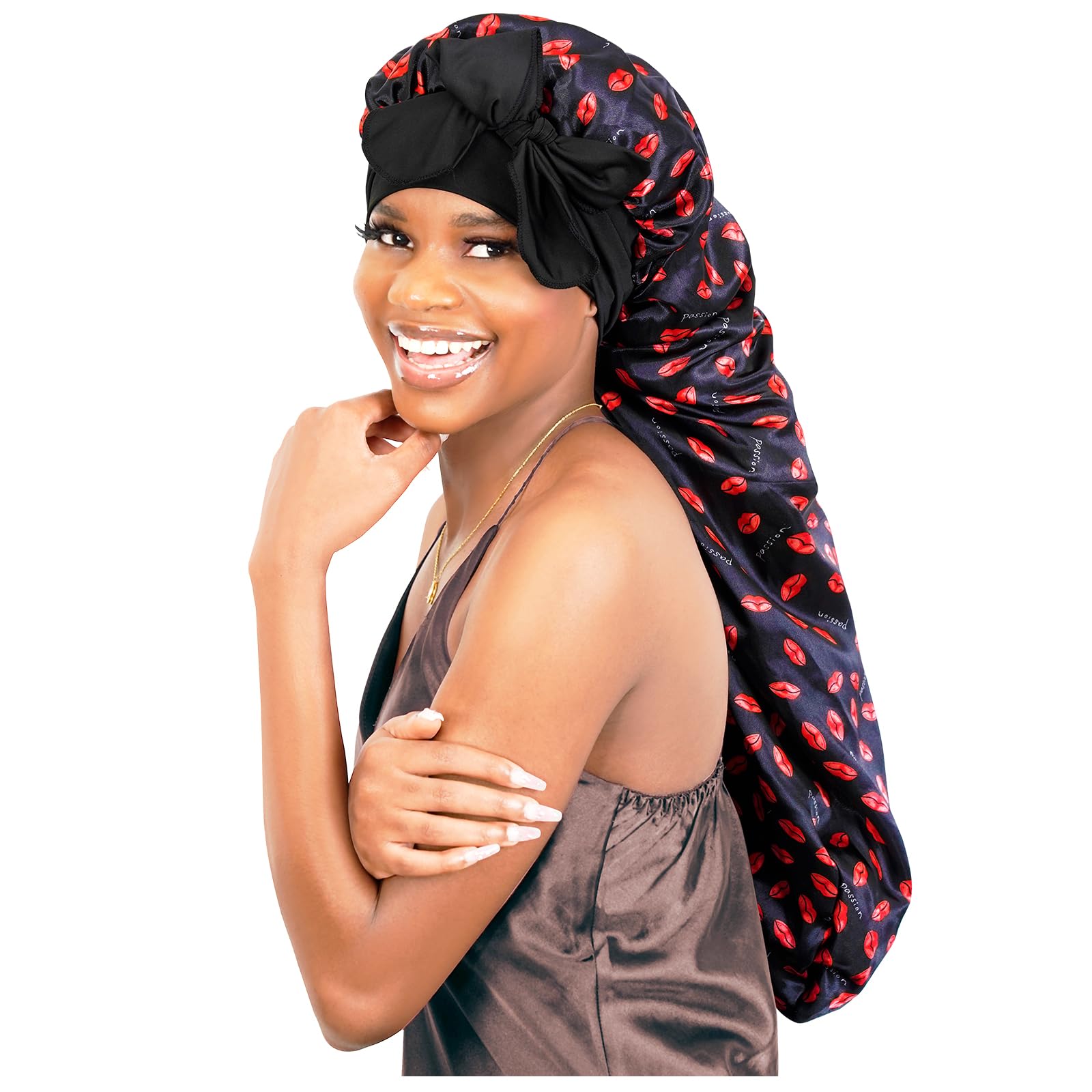 BONNET QUEEN Braid Bonnet Silk Bonnet Extra Long Bonnet for Braids Foldable Satin Bonnet for Sleeping Hair Bonnet with Tie Band Red Lips-New
