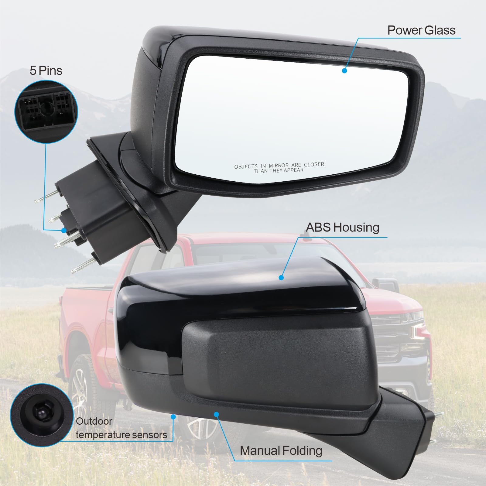 Lqito Right Passenger Side Mirror Compatible with 2019-2025 chevy Silverado 1500 Power Glass Manual Folding With Temperature Sen