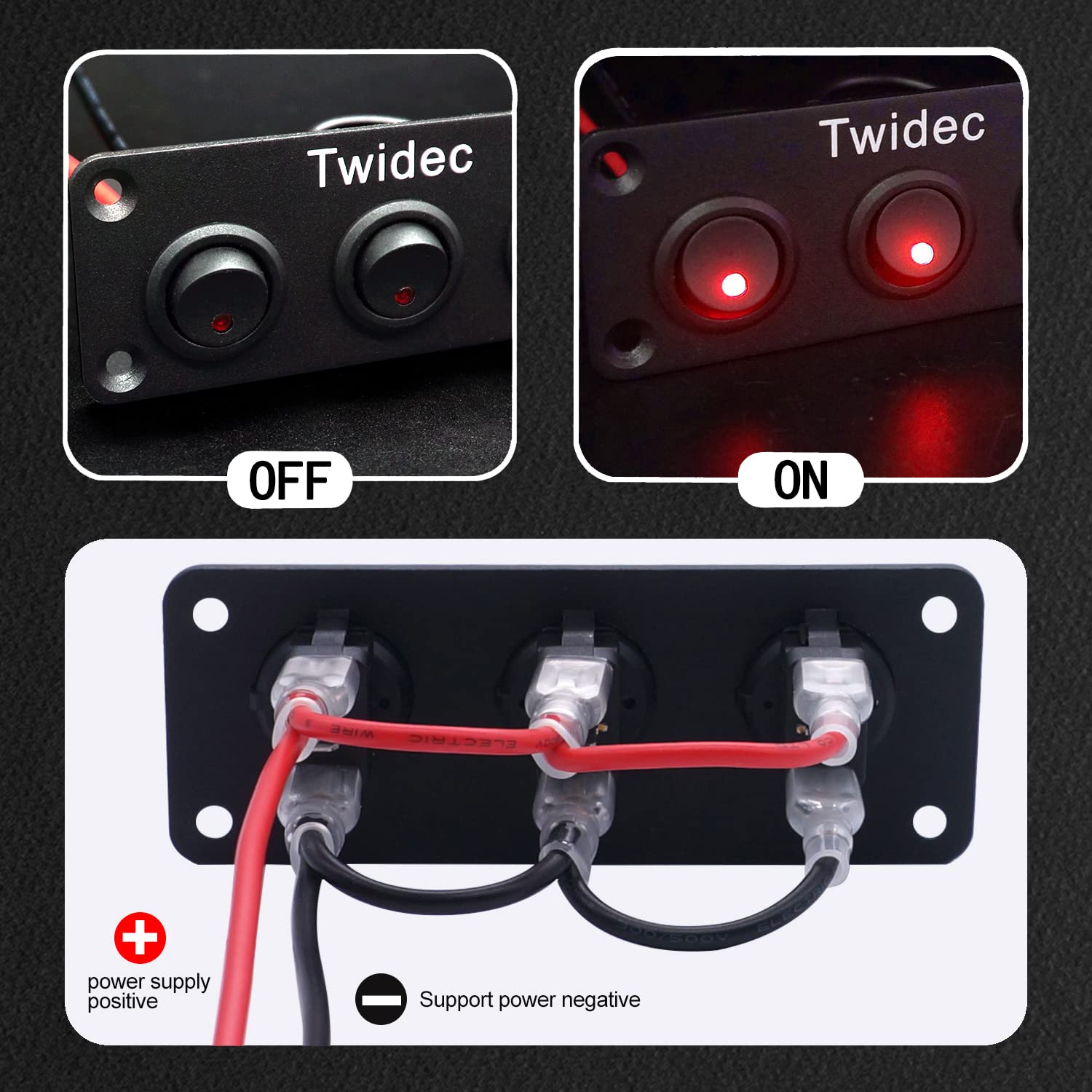 Twidec/3 Gang Round Dot Lighted Rocker Switch Toggle Metal Panel With 20A 12V Dc On/Off Spst Switch Control For Car Or Boat Red Led Light Kcd2-102N-R-Xbz