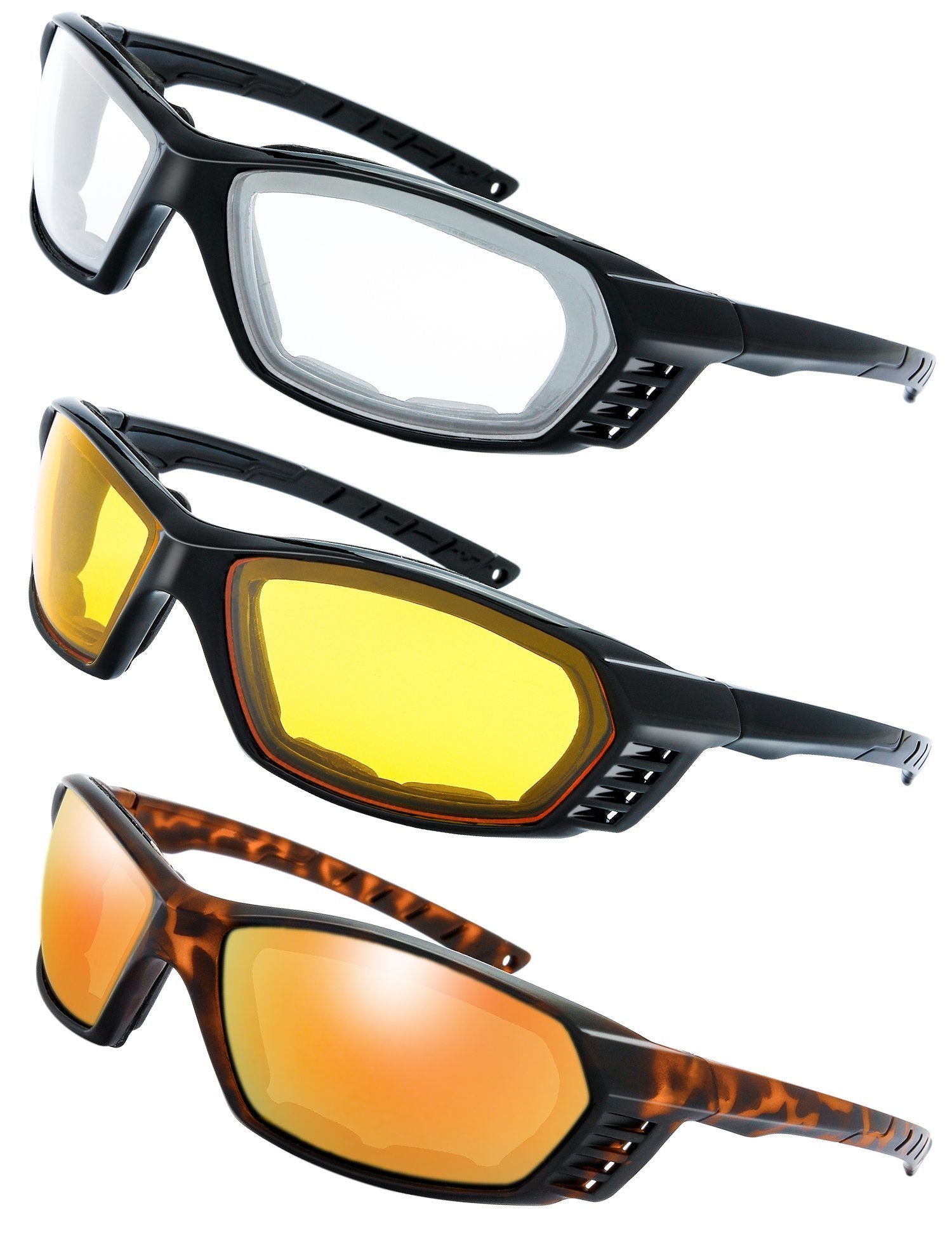 3 Pairs Motorcycle Riding Glasses Padded Frame Lens Block 100% Uvb For Outdoor Activity Sport (7-Shiny Black/Tortoise, Clear, Ye