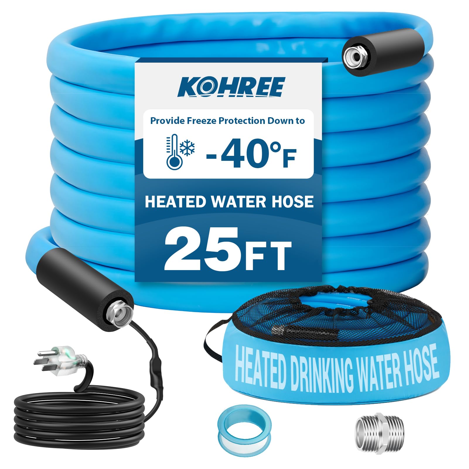 Kohree 25FT Heated Water Hose for RV, -40 ? Heated Drinking Water Hose 5/8, Heavy Duty Heated Hose for RV, Camper, Truck, Leak F