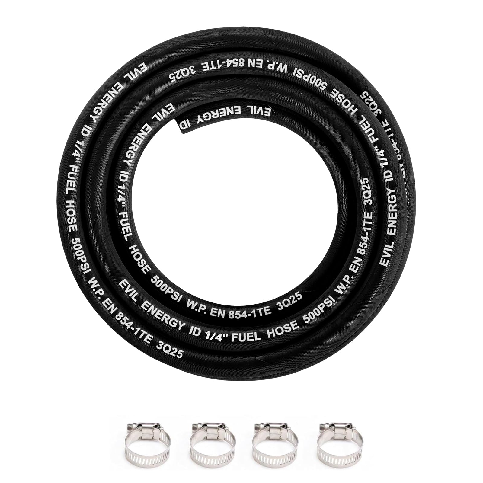 EVIL ENERGY 1/4 High Pressure Fuel Line Hose 10FT 500PSI E85 for Fuel Systems Engines NBR Rubber EN854-1TE Black