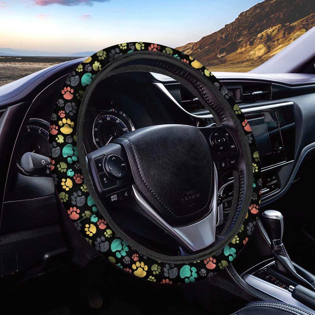 Afpanqz Puppy Paws Print Steering Wheel Protection Stretch-On Fabric Machine Washable Women Men Neoprene Automotive Steering Whe