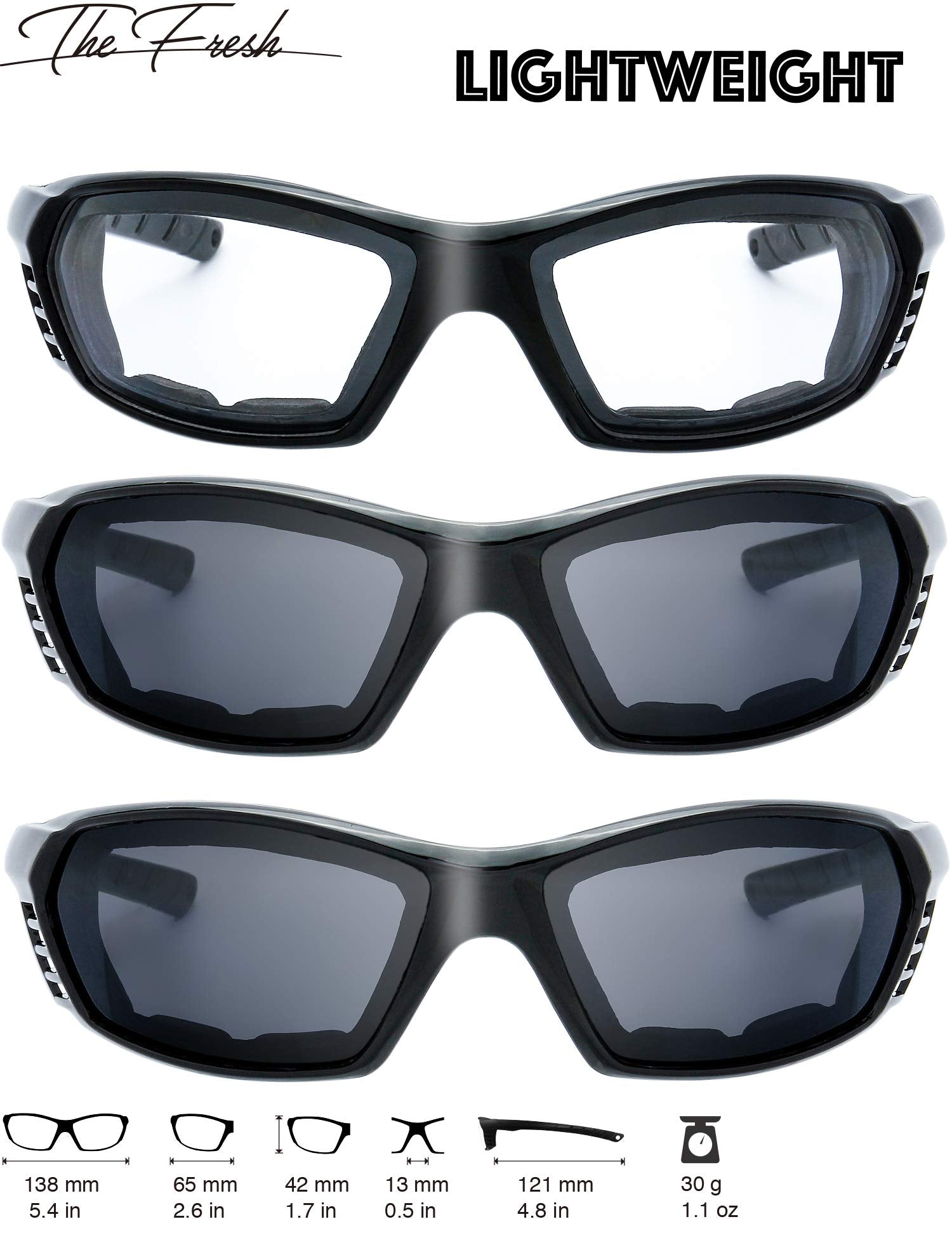 The Fresh Motorcycle Riding Glasses Padded Frame Lens Block 100% UVB for Outdoor Activity Sport (23-Shiny Black, Clear*1, & Grey
