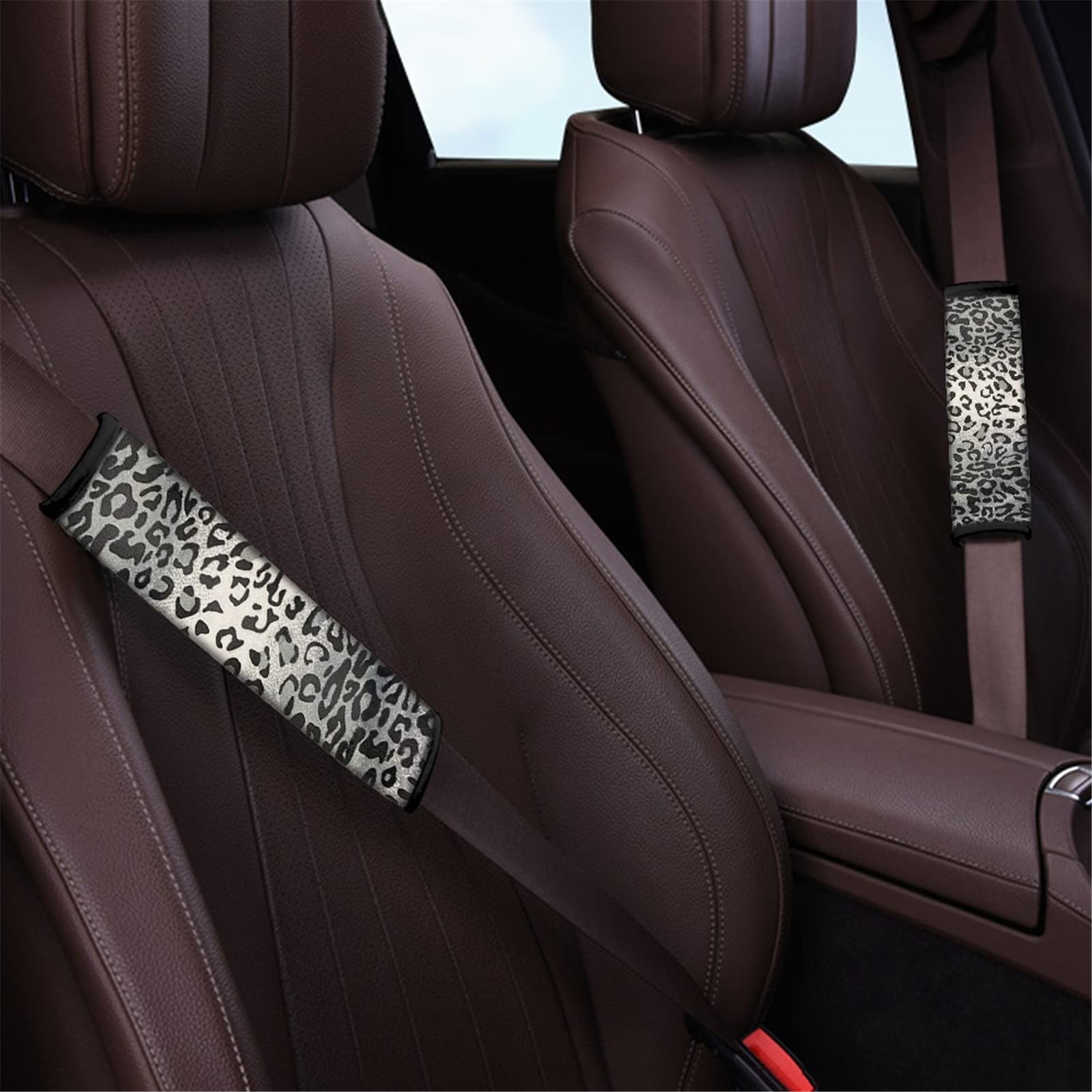 Dreaweet Grey Leopard Print Seat Belt Pads Cover for Adults Kids, Stylish Car Seatbelt Cover 2 pcs, Universal Soft and Safe