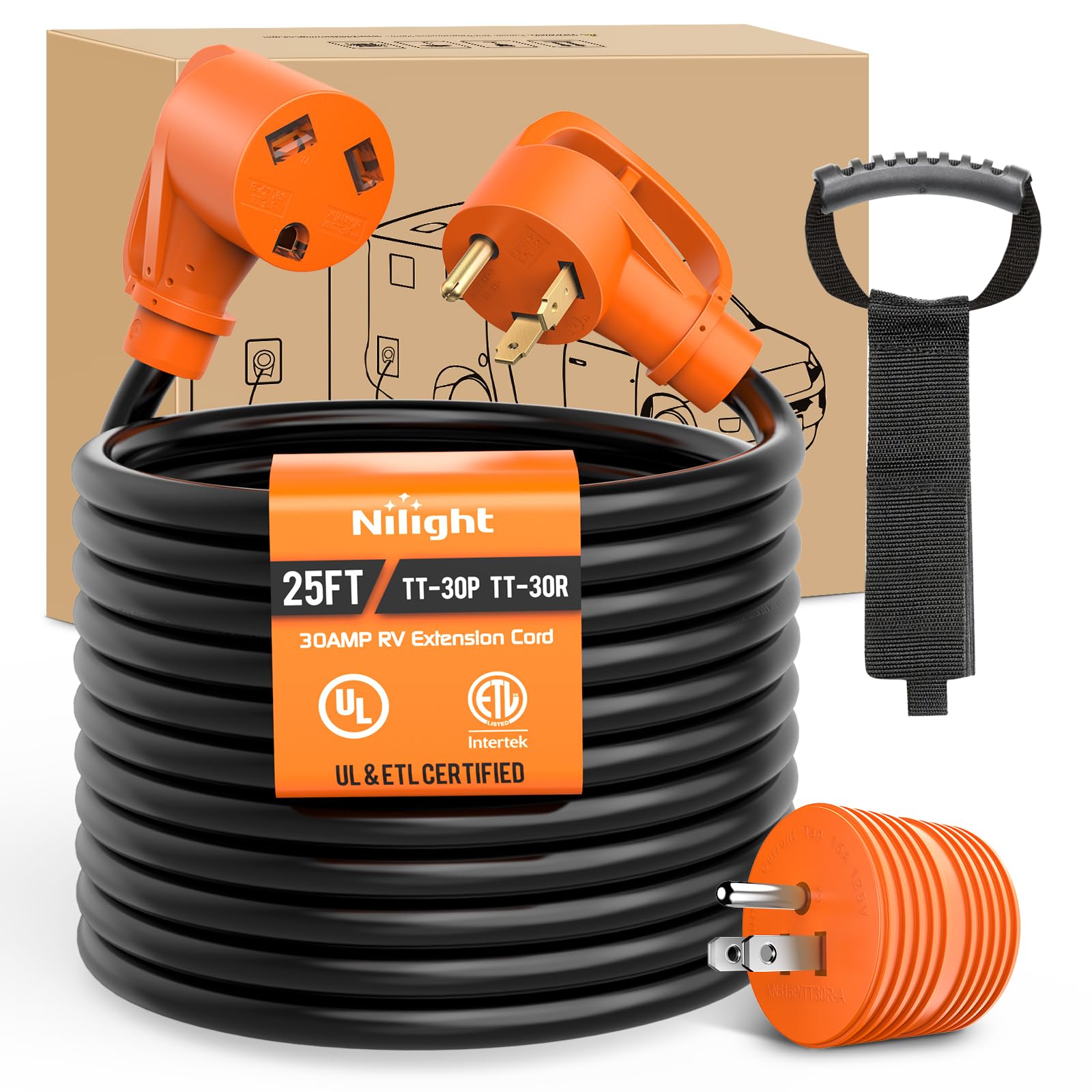 Nilight 25Ft 30 Amp Rv Extension Cord With Adapter 15Amp To 30Amp 125V Heavy Duty 10/3 Gauge Pure Copper Stw Wire Ul Etl Listed