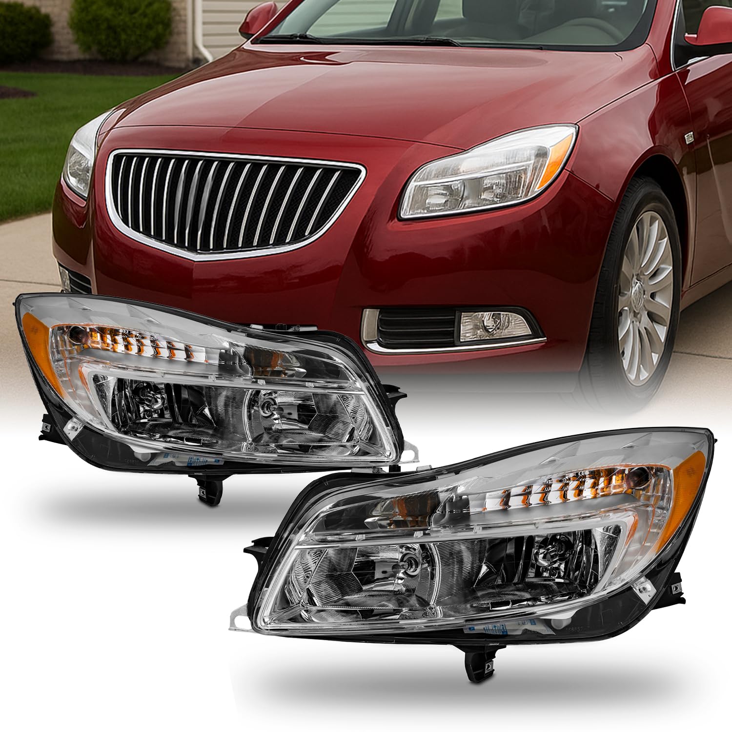 AKKON - Fits 2011 2012 2013 Buick Regal [Halogen Type] Chrome Headllights Pair Driver Left+Passenger Right Replacement