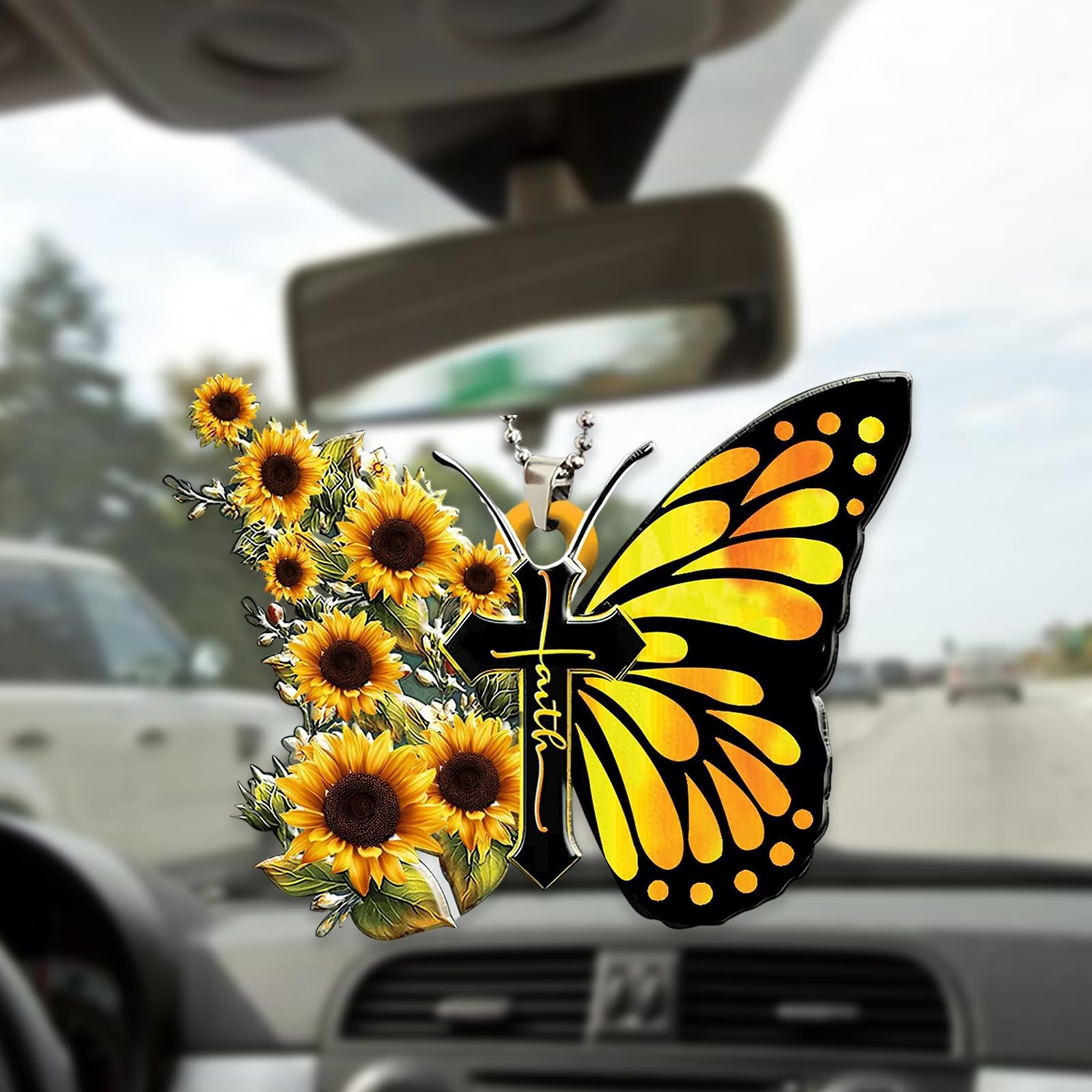 Car Rear View Mirror Accessories Sunflower Butterfly Jesus Cross Christian Hanging Ornament 2D Flat Religious Christian Home Car