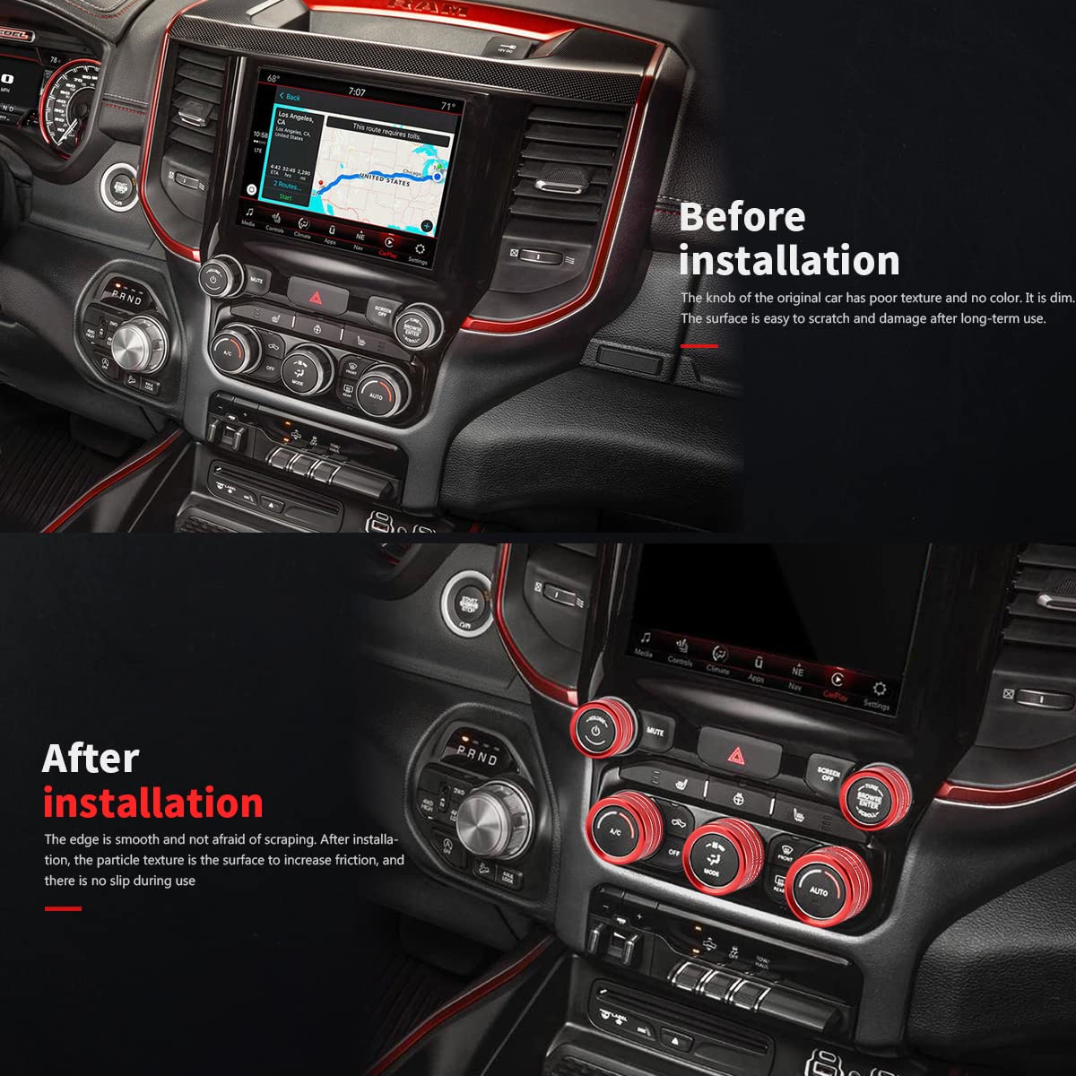 Auovo Ac Knob Cover For Ram 2019 2020 2021 2022 Accessories Air Condition Switch Volume Tune Switch Knob Ring Cover 5Pcs Trim(Red)