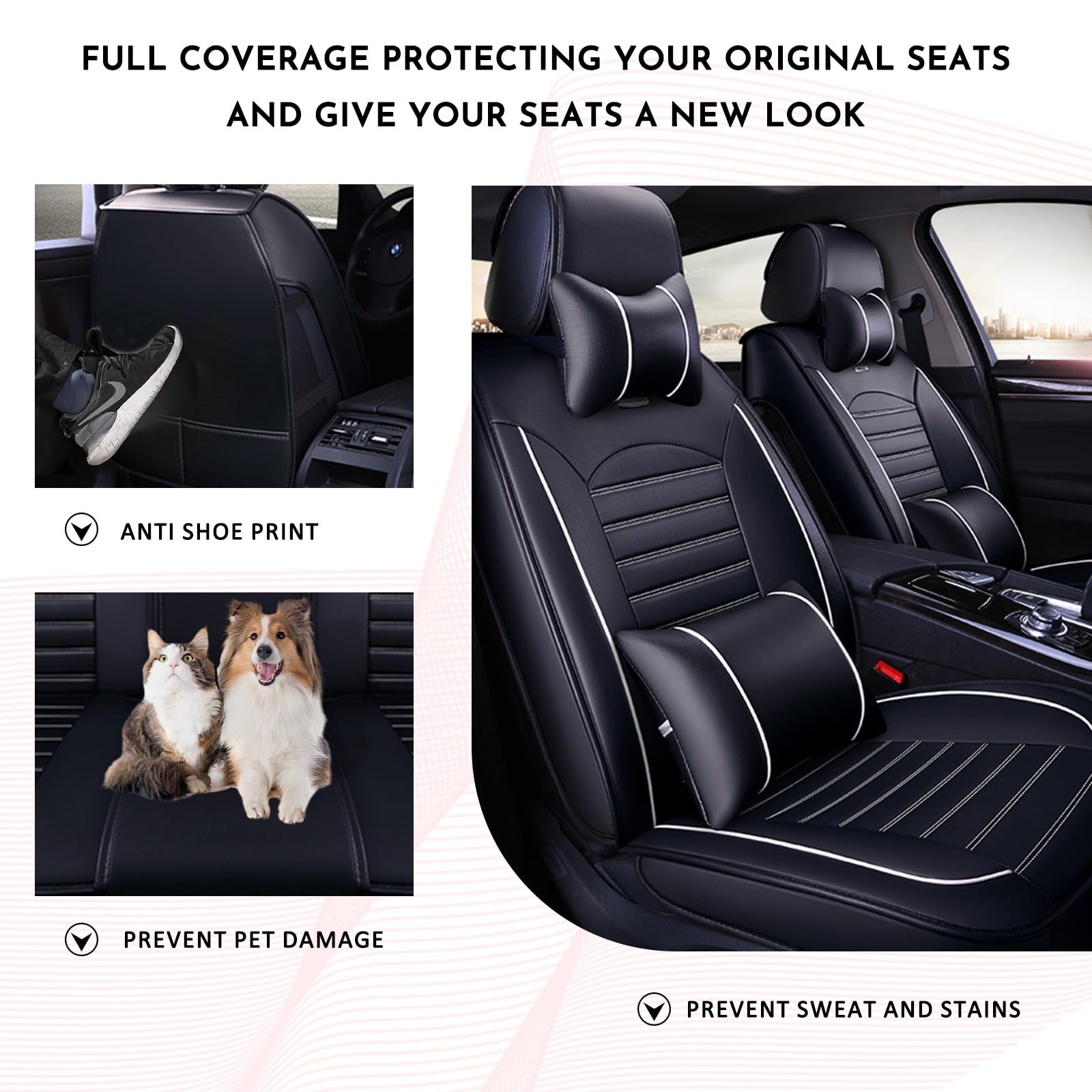 Otoez Seat Covers Full Set Faux Leather Car Seat Cover, 5 Seats Universal Waterproof Automotive Seat Protector Front And Back Seat Cushion Fit For Most Car Suv Seden (Black+White, With Pillows)