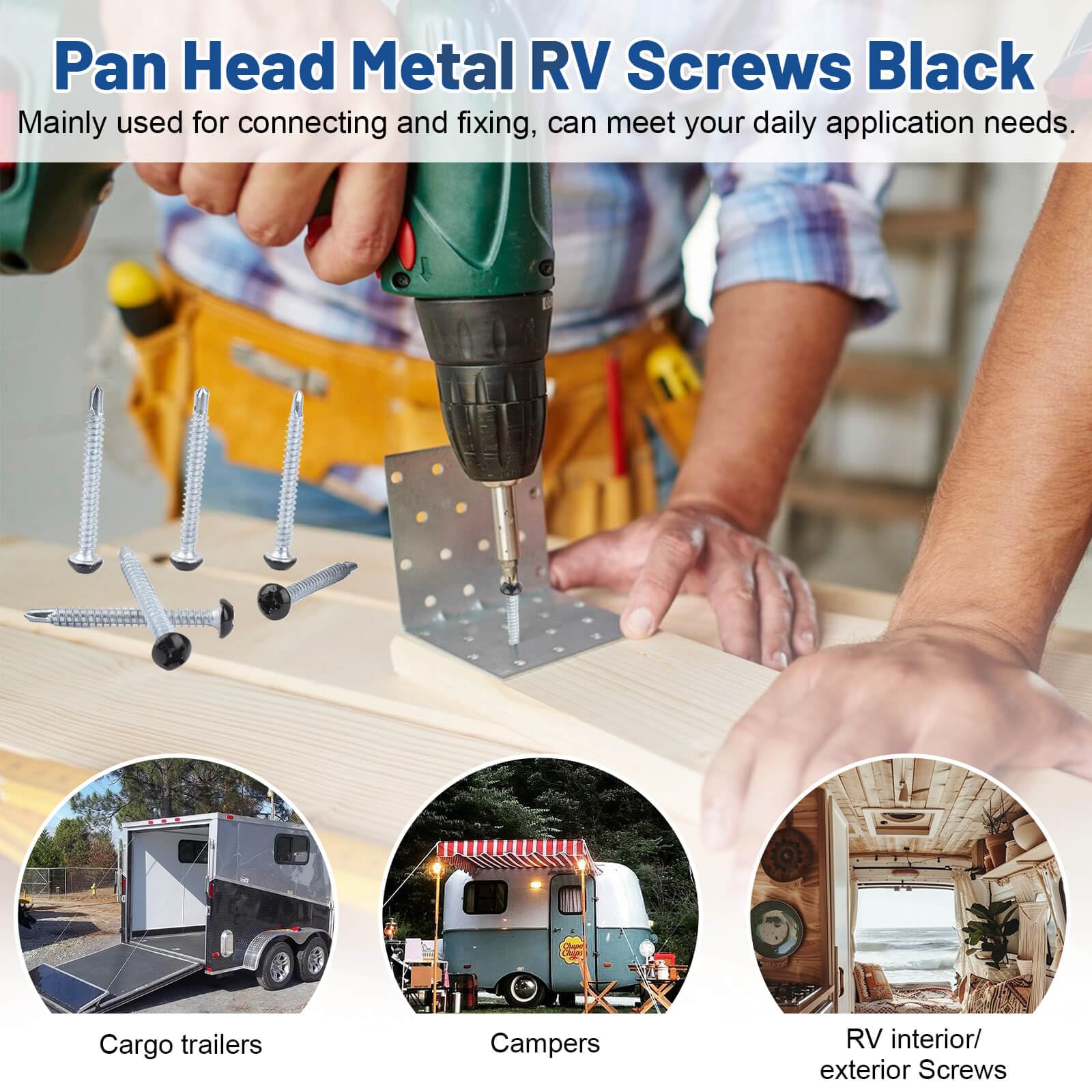 Pan Head Metal RV Screws Black #8 x1-1/2 for Quad Drive Self Tapping Drill RV Interior and Exterior Enclosed Trailer Repair Scre