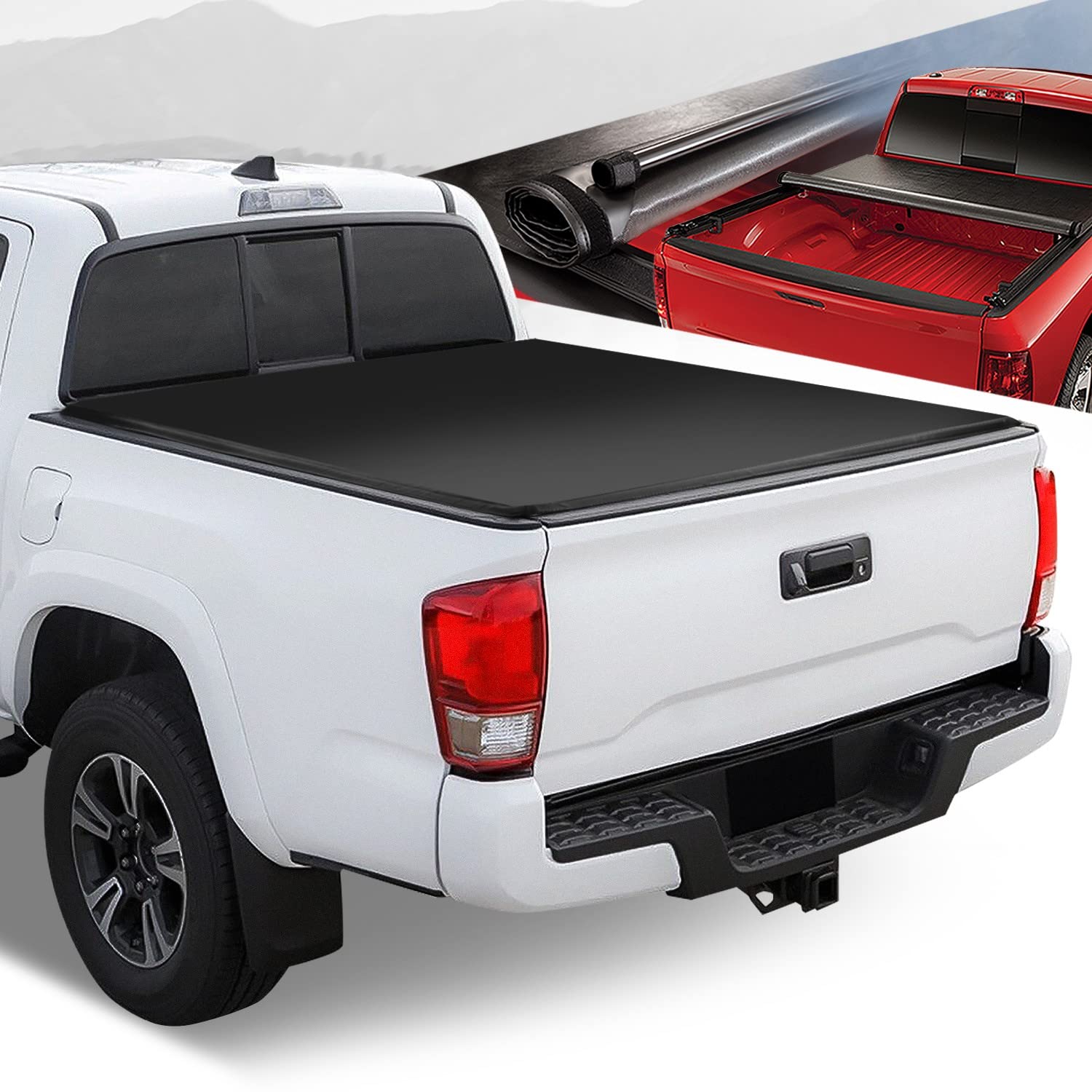 Auto Dynasty Soft Roll-Up Truck Bed Tonneau Cover Compatible With 2016-2024 Toyota Tacoma 6Ft Bed, Matte Black Soft Vinyl Top