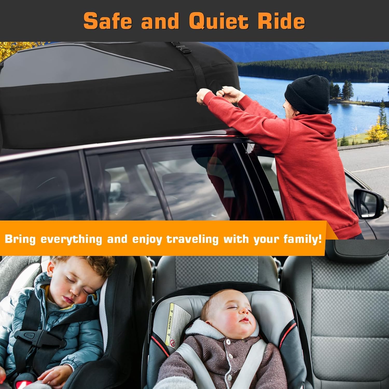 Sailnovo Car Rooftop Cargo Carrier Roof Bag Waterproof 15 Cubic Feet For Top Of Vehicle With/Without Rack Car Top Carrier With 4*Door Hooks, Reinforced Straps & Storage Bag 1000D