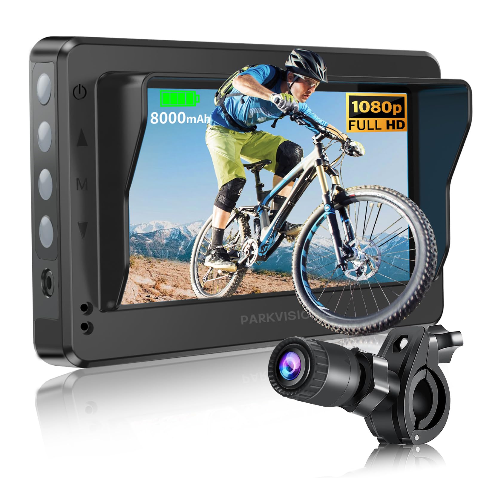 Parkvision Bicycle Rear View Camera With Anti-Glare Sunshade -4.3''Waterproof Hd 1080P Monitor With Auto Dim -8000Mah Rechargeab