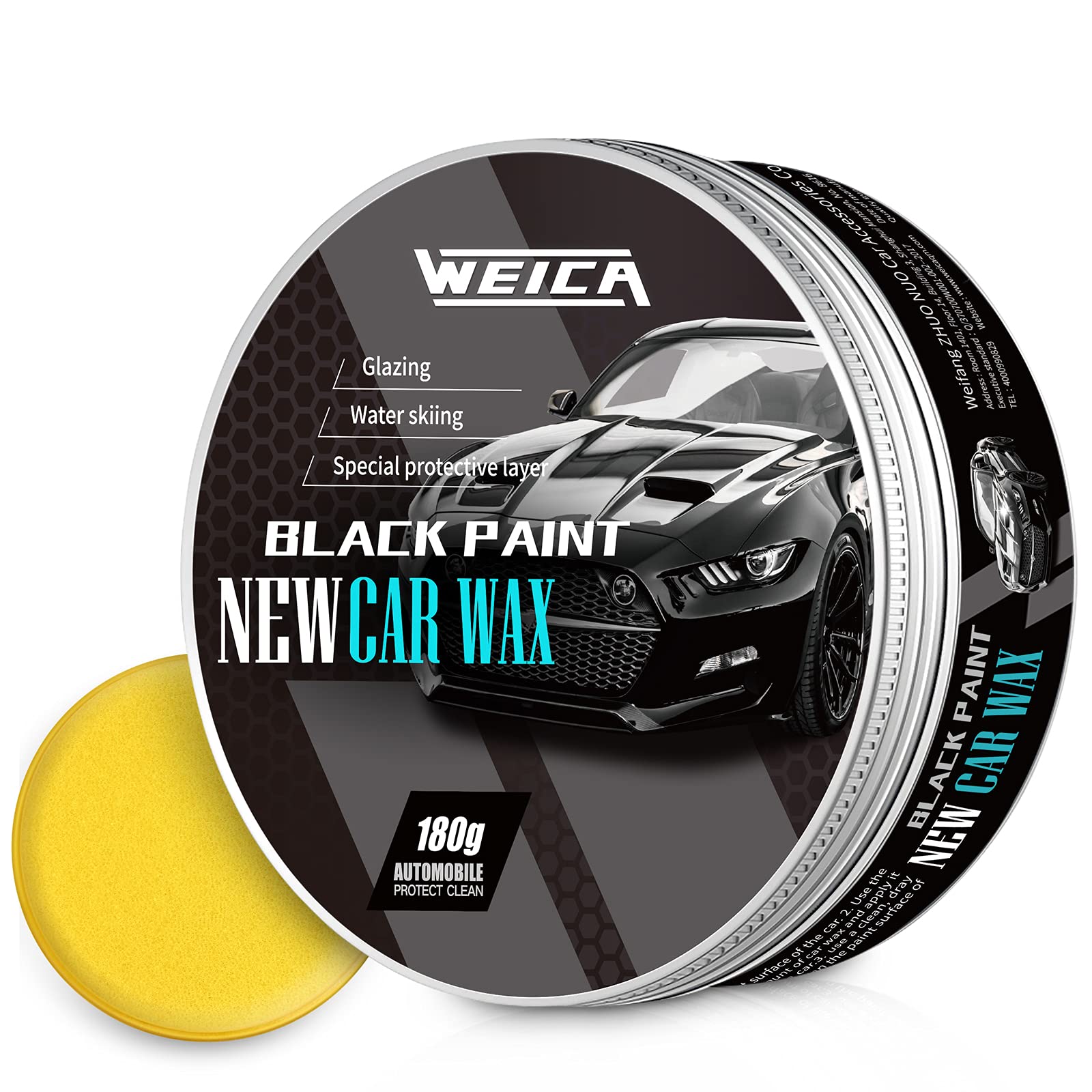 Weica Car Wax Black Solid For Black Cars, Carnauba Car Wax Kit Cleaner, Car Waxing Scratch Resistance Auto Ceramics Coating 180G With Free Waxing Sponge And Towel-Black