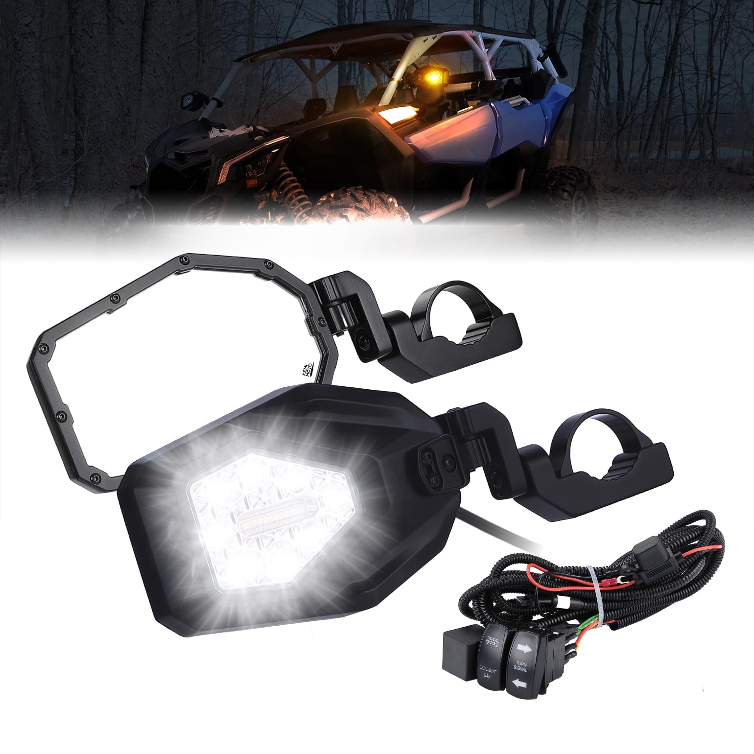 KEMIMOTO UTV Side Mirrors with Spot Light, Turn Signal Light for 1.6-2 in Roll Bar, Heavy Duty Aluminum Side by Side UTV Mirrors