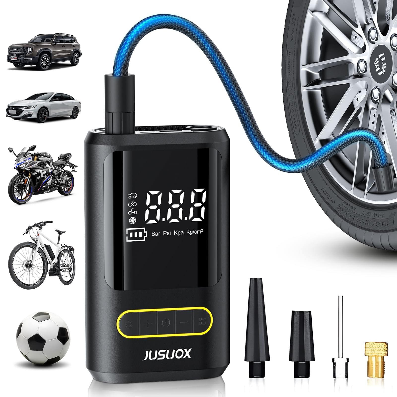 Jusuox Tire Inflator Portable Air Compressor, 150 Psi Cordless Air Pump For Car Tires, Electric Bike Tire Pump For Car, Motorcyc