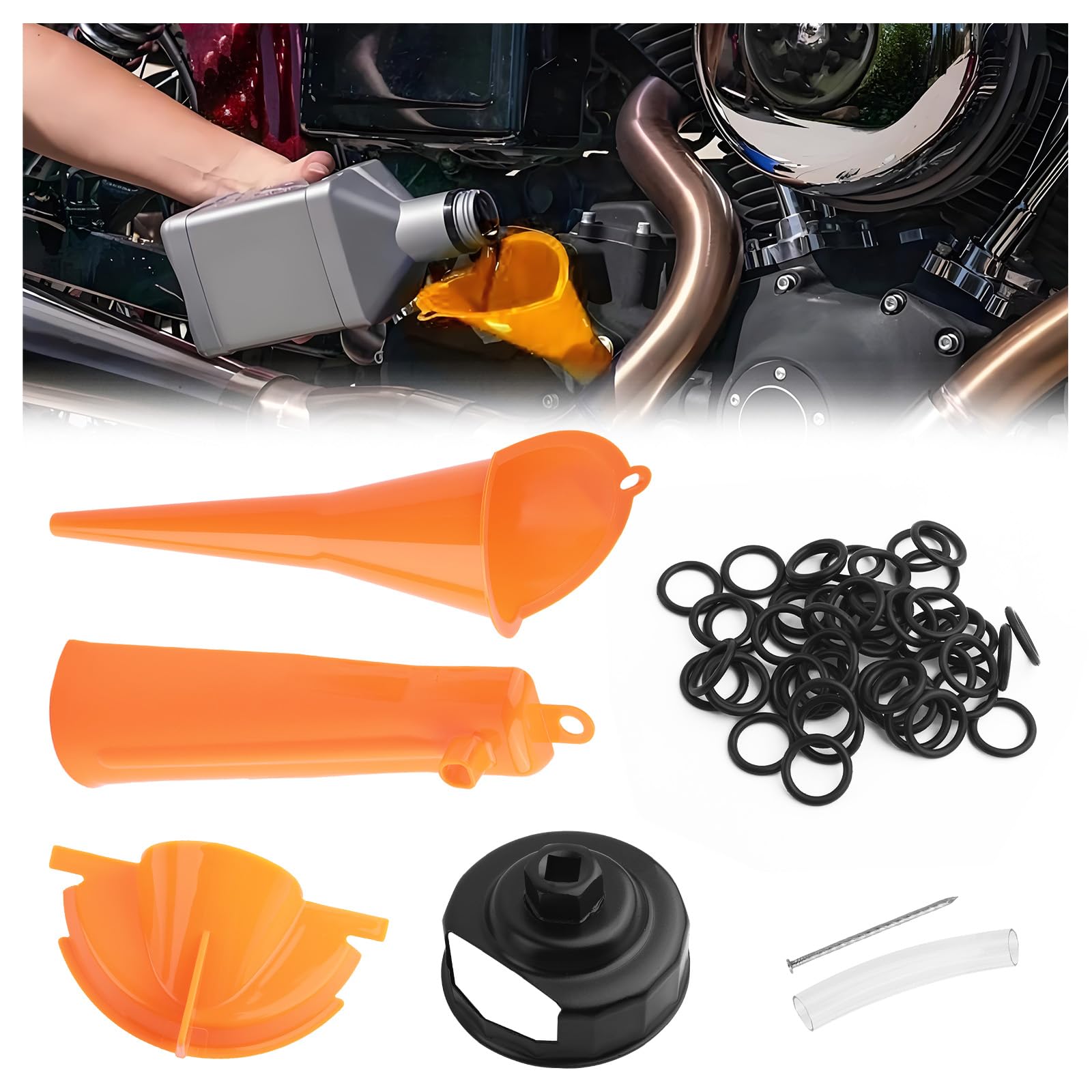 Compatible with Harley Oil Change Kit,Multi-Function Motorcycle Oil Funnel Kit Includes Oils Change Funnel/Oils Filter Wrench/Ru