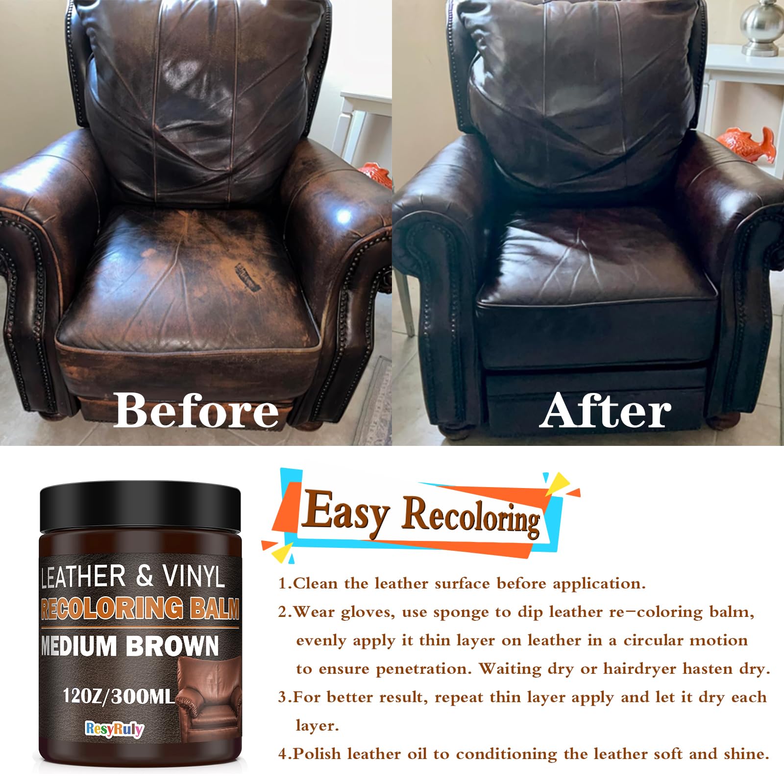 Leather Recoloring Balm Medium Brown Leather Dye Vinyl Car Interior Leather Seat Paint Furniture Couch Recliner Chair Boot Jacke