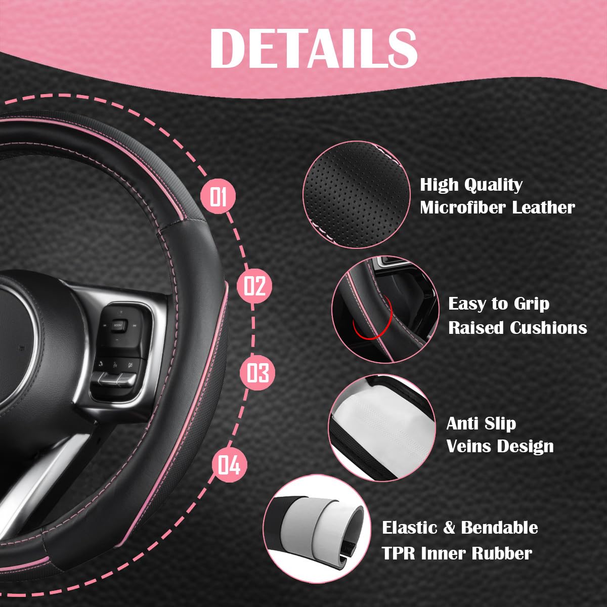Car Pass Car Seat Covers Full Set For Women Girls With Waterproof Car Floor Mats,Anti-Slip Leather Steering Wheel Cover,Universa