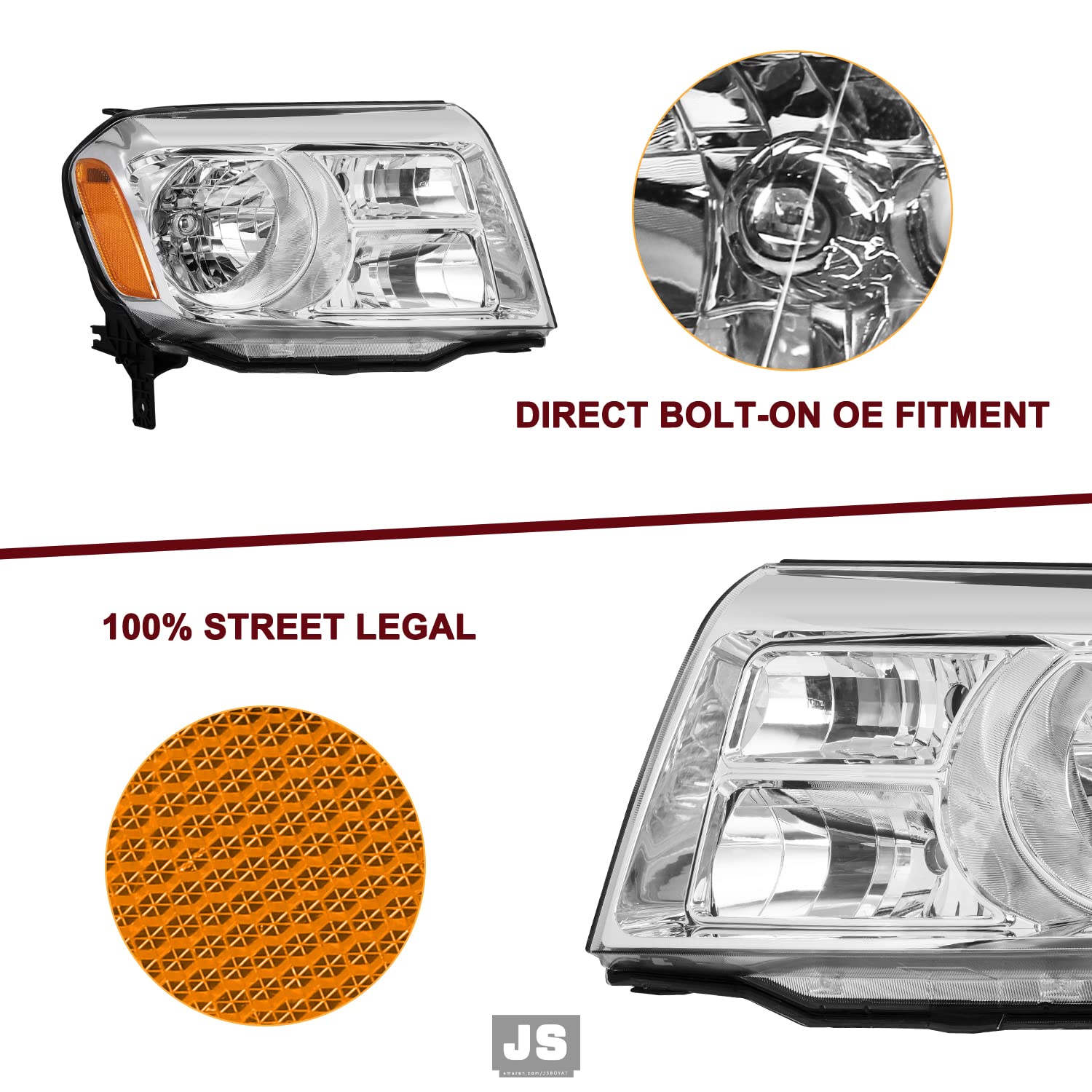 JSBOYAT OEM Headlight Assembly Replacement Pair for 2012-2015 Honda Pilot, Halogen Type, Clear Housing with Amber Reflector, w/o Bulbs