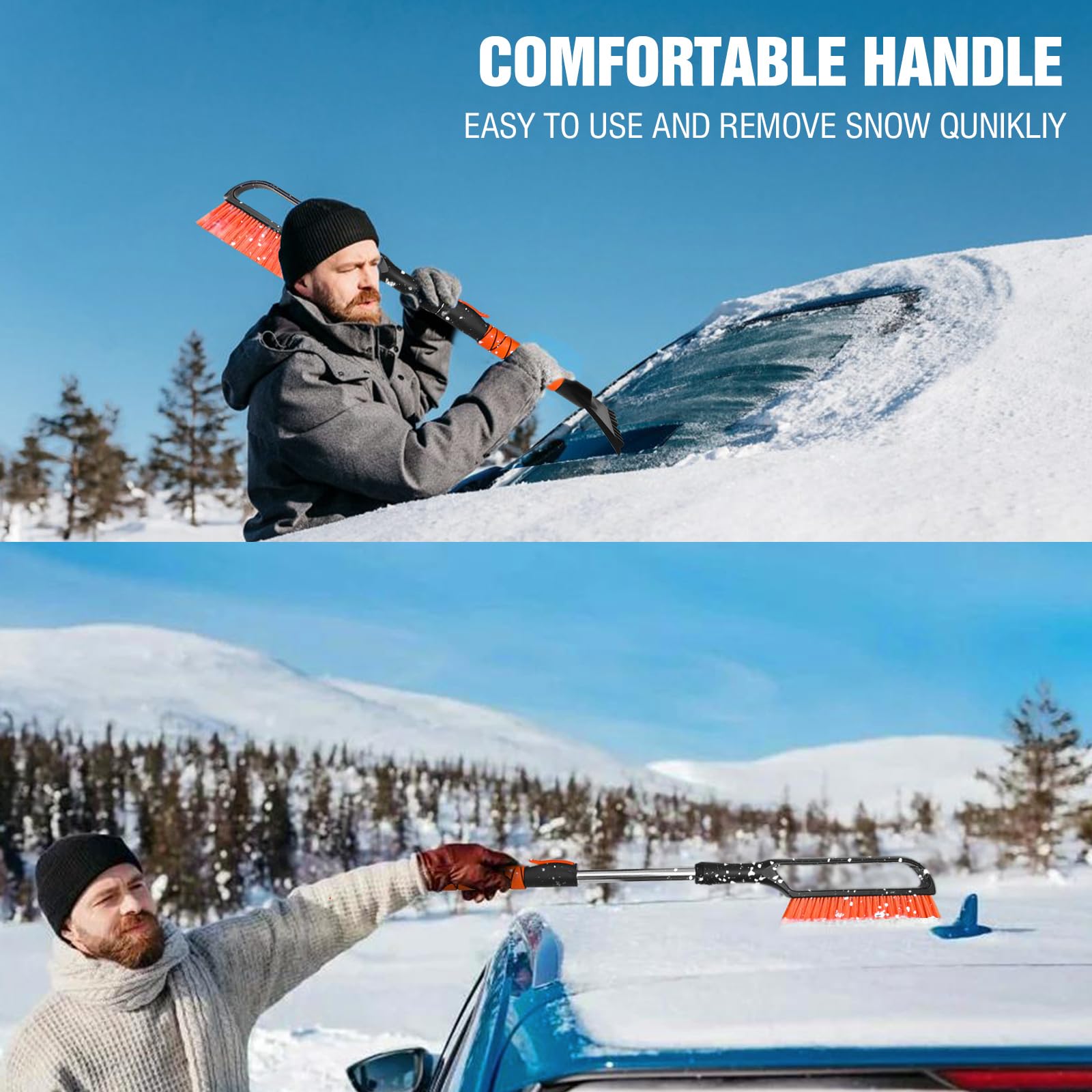 YeewayVeh 35'' Ice Scraper for Car Windshield, Extendable Snow Brush with Foam Grip & Additional Handhold, 2 in 1 Detachable & S