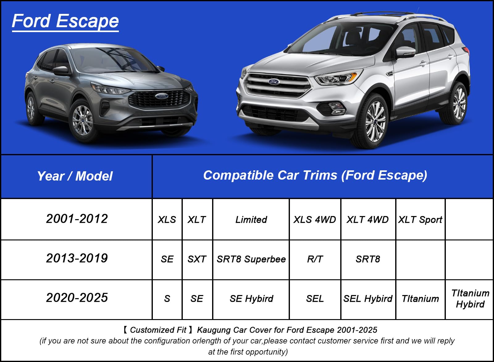 Kaugung Car Cover Waterproof Custom Fit Ford Escape(2000-2025), Full Exterior Cover For Automobiles Lightweight Resistant Outdoo