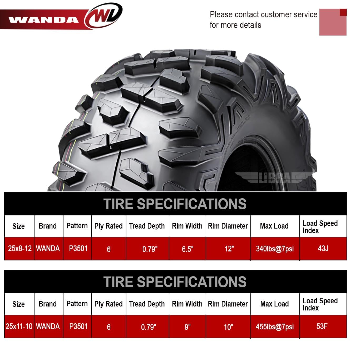 Wanda Set 6 All Terrain Utv Atv Tires (2) 25X8-12 Front & (4) 25X11-10 Rear 6Pr Bighorn Style