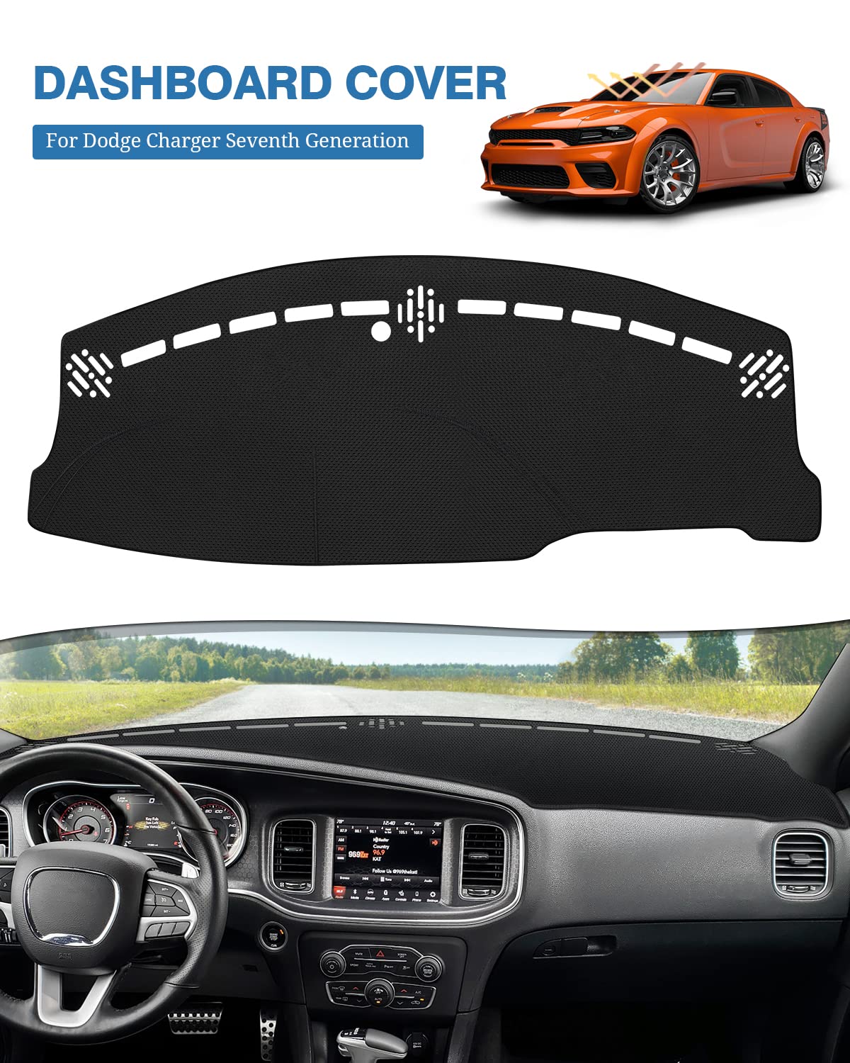 Fiilines Dash Cover For Dodge Charger 2011-2023, Dashboard Cover Mat For Charger Accessories Sunshade Nonslip Mesh Protector No