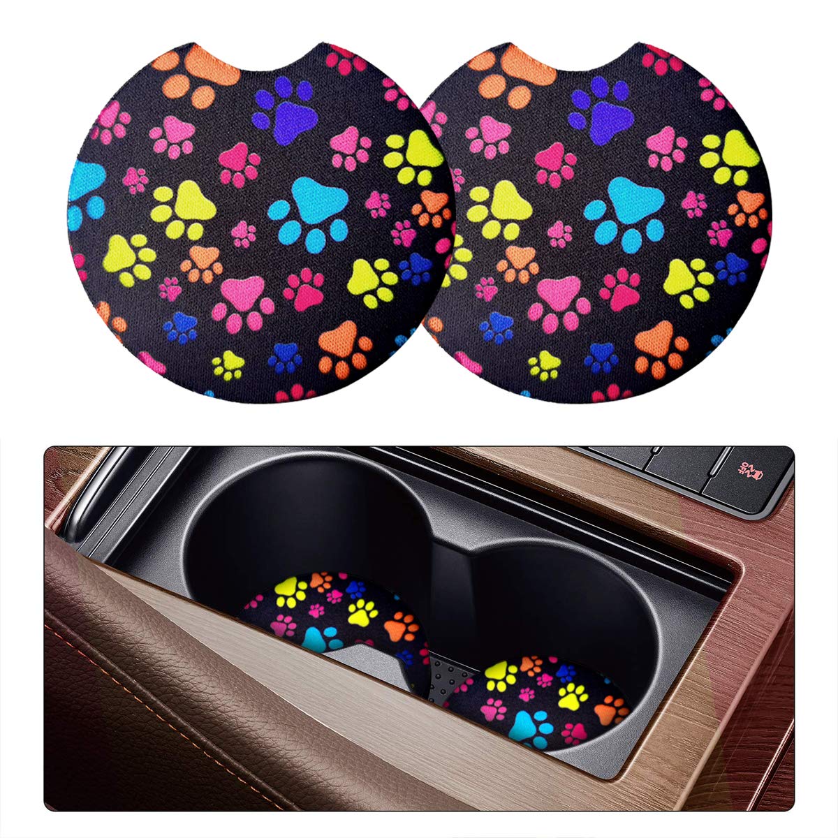2 Pack Car Coasters For Drinks Absorbent - 2.75 Inch Cute Car Cup Holder Coasters For Women, Removable Cup Holder Coaster For Your Car, Car Interior Accessories For Women & Girls (Cat'S Footprints)
