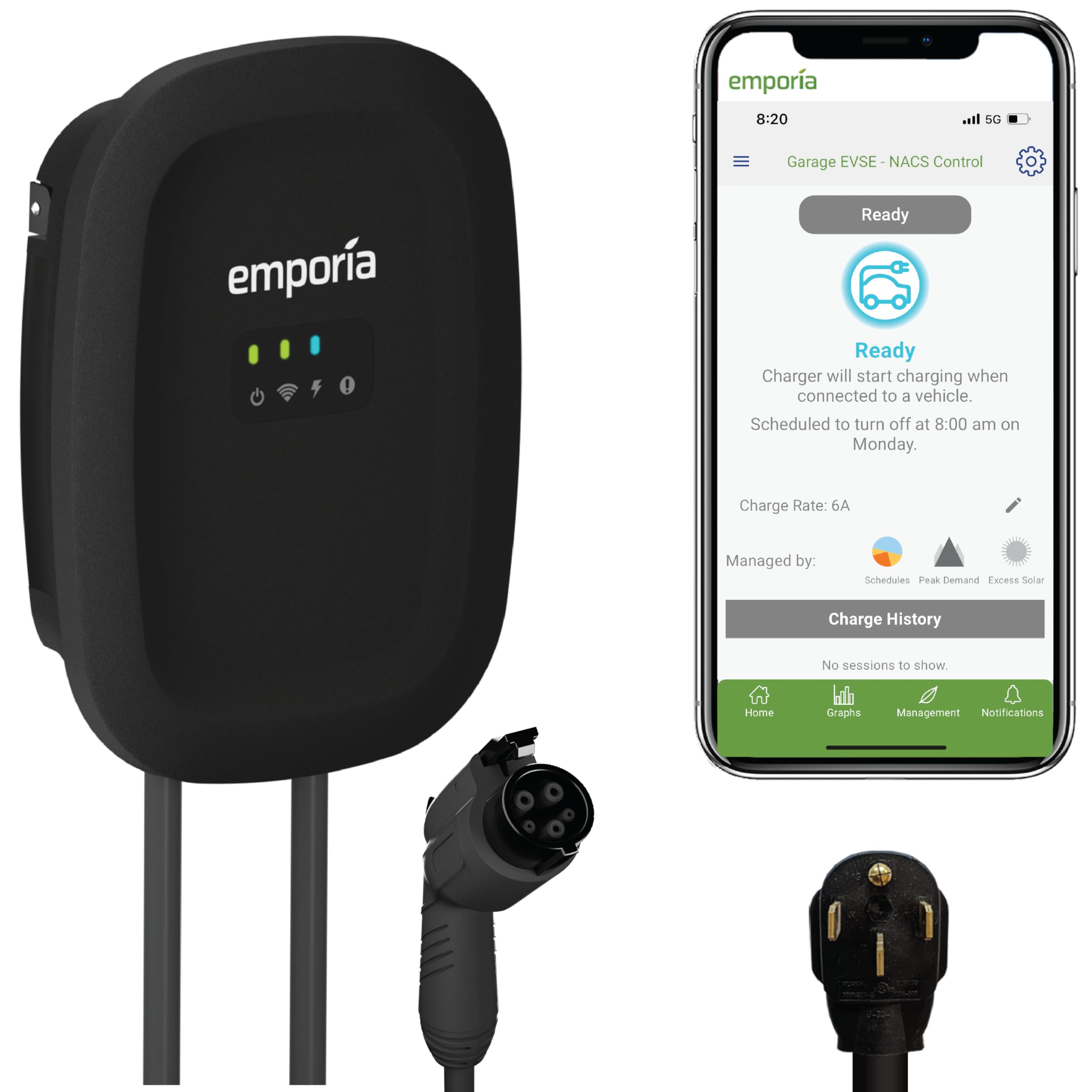 Emporia Level 2 Ev Charger - Nema 14-50 Evse W/ J1772 Charger - 48 Amp Ev Charger Level 2, 240V Wifi Enabled Electric Vehicle Charging Station, 24Ft Electric Car Charger Cable, Black