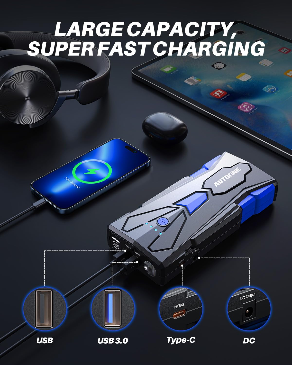 AUTOONE 6000A Car Battery Jump Starter, 12V Portable Jumper Box with USB Output, Model JS02, for Gas & 12L Diesel Engines