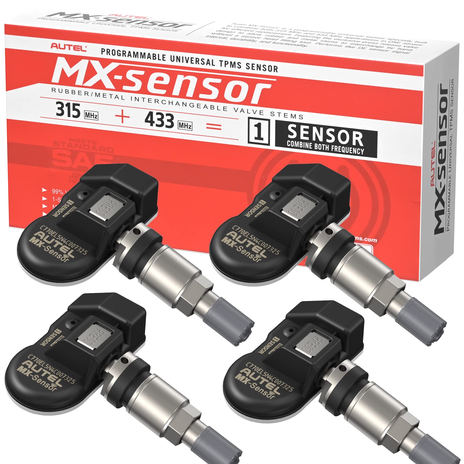 Autel Tpms Sensor Set Of 4, Mx-Sensor 2In 1 Dual Frequency 315Mhz + 433Mhz Press-In Oe-Level Universal Tpms Sensors Programmable
