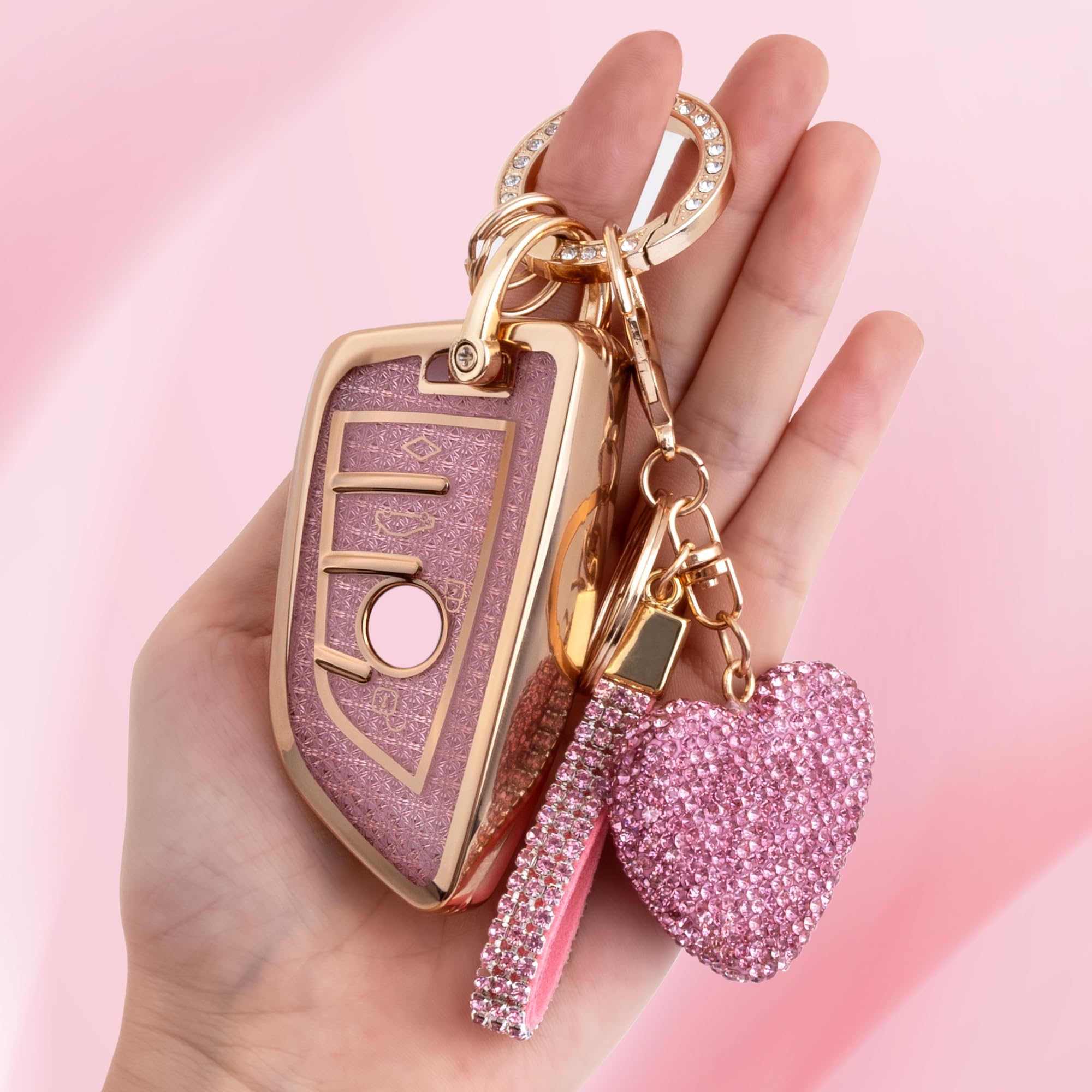 Meruns Compatiable with BMW key fob cover with Diamond Bling Keychain, Car Accessories Key holder Shell Compatiable with BMW X1