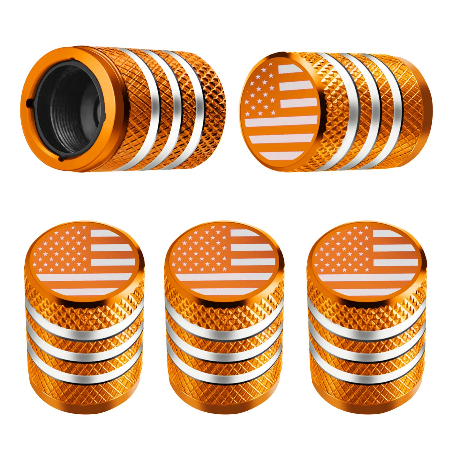 Tire Valve Stem Caps - (5 Pack) Tire Air Caps Metal With Plastic Liner Corrosion Resistant Leak-Proof American Flag For Car Truck Motorcycle Bike Orange