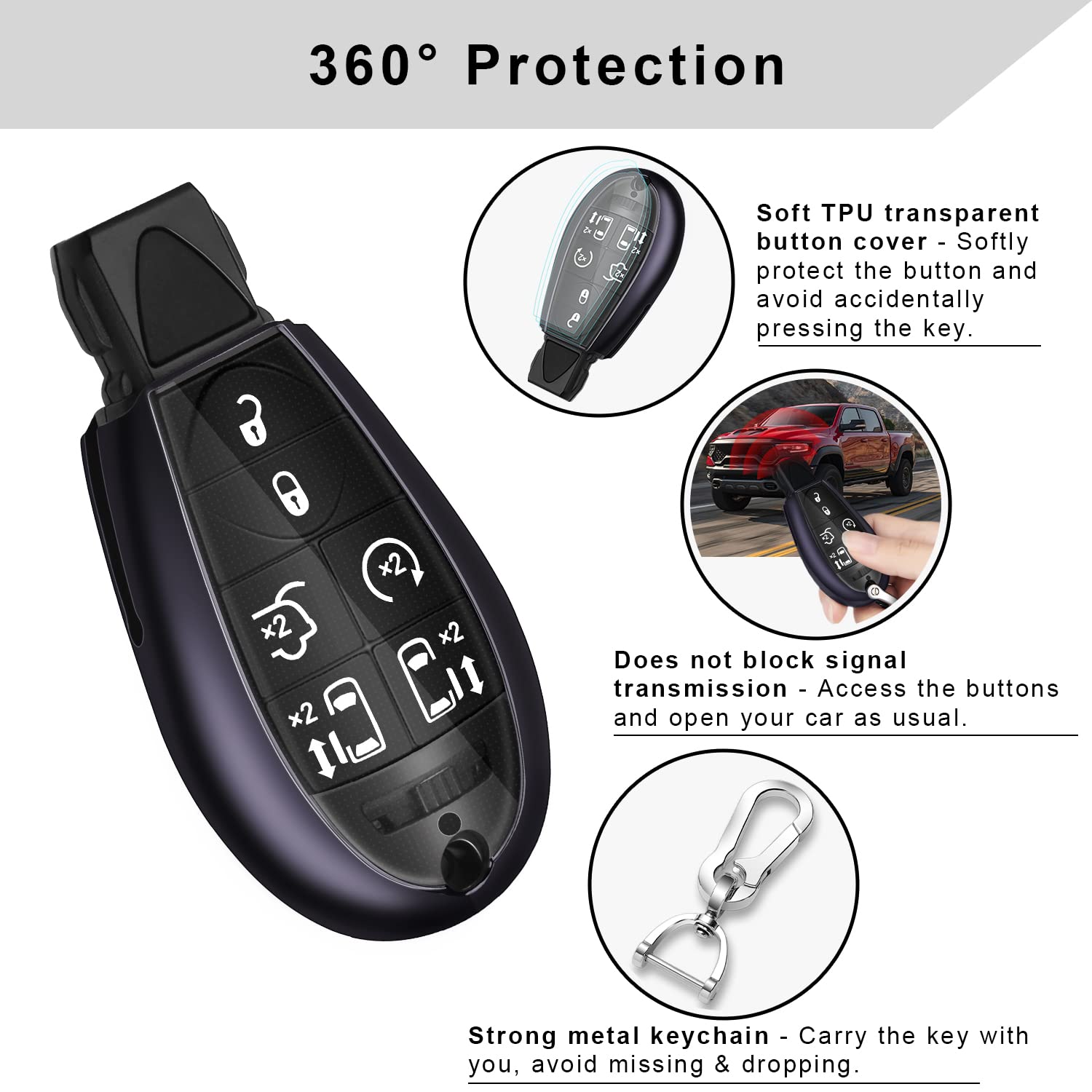 Qbuc For Dodge Key Fob Cover With Keychain Tpu Key Case Compatible With 2008-2018 Dodge Ram Jeep Chrysler Model Accessories (Purple)