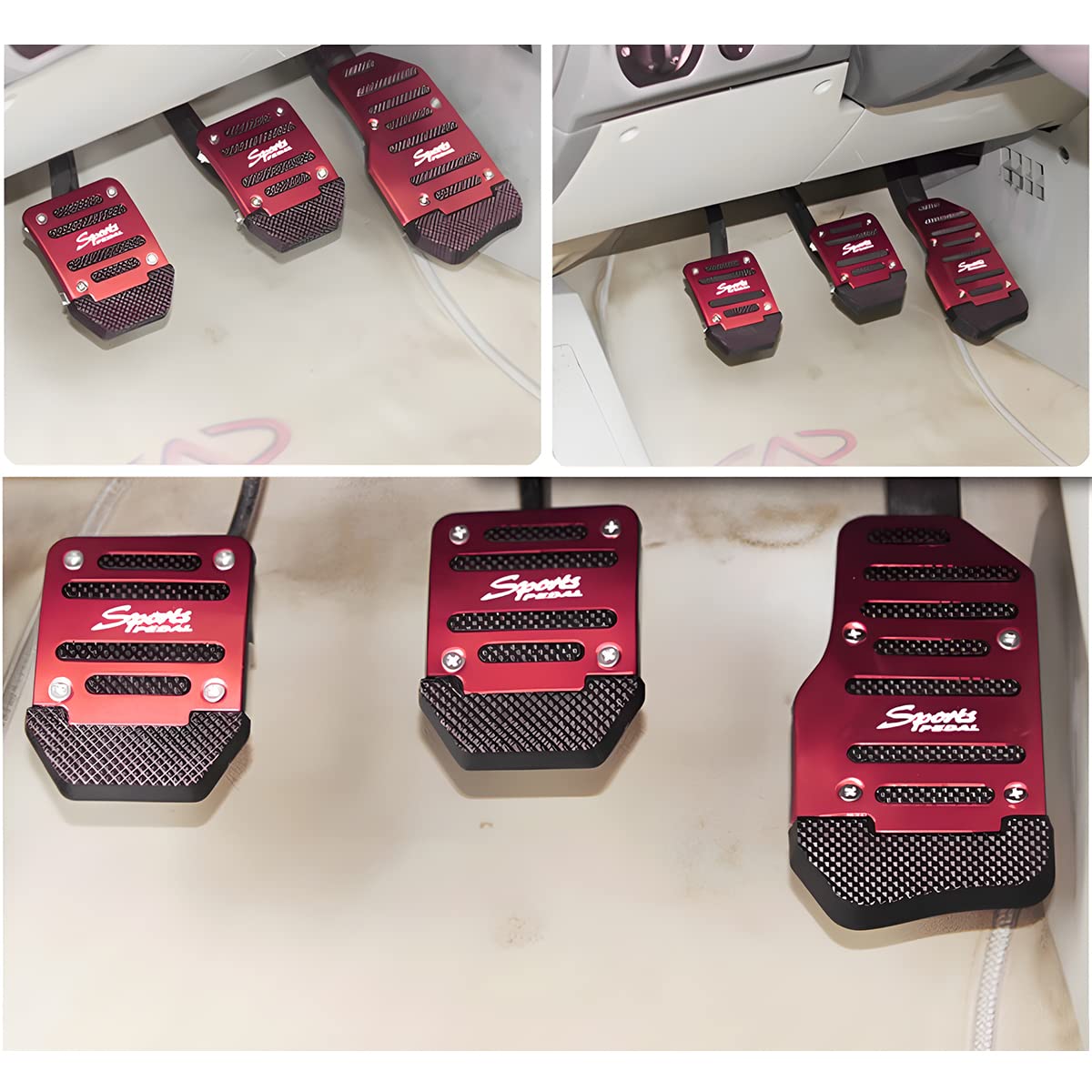 Moly Magnolia 3Pcs Nonslip Car Pedal Pads, Aluminum Auto Manual Transmission Brake Pad Cover, Sports Gas Fuel Petrol Clutch Foot Pedals, Car Replacement Accessories Universal For Car, Suv, Atv (Red)
