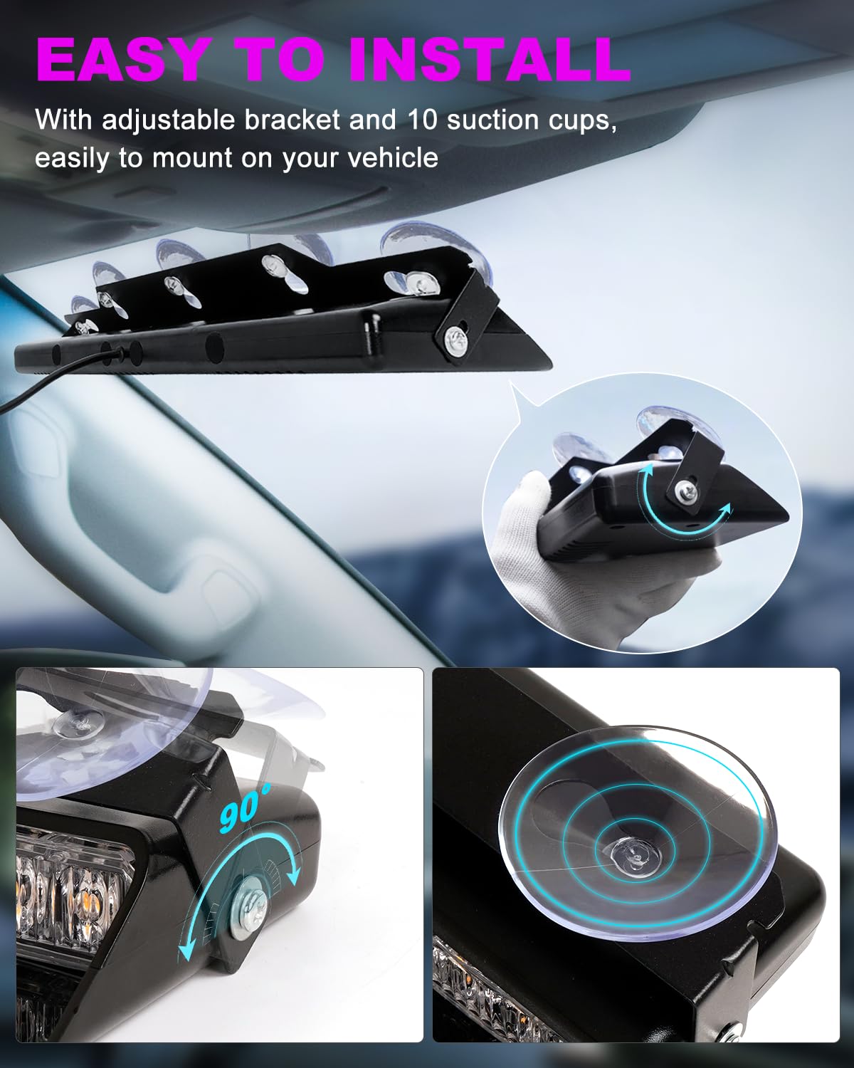 Hlauto 6Z4J Emergency Dash Strobe Lights: 2X16.8 Inch Purple White Safety Lights, 48 Led Flashing Warning Hazard Interior Windsh