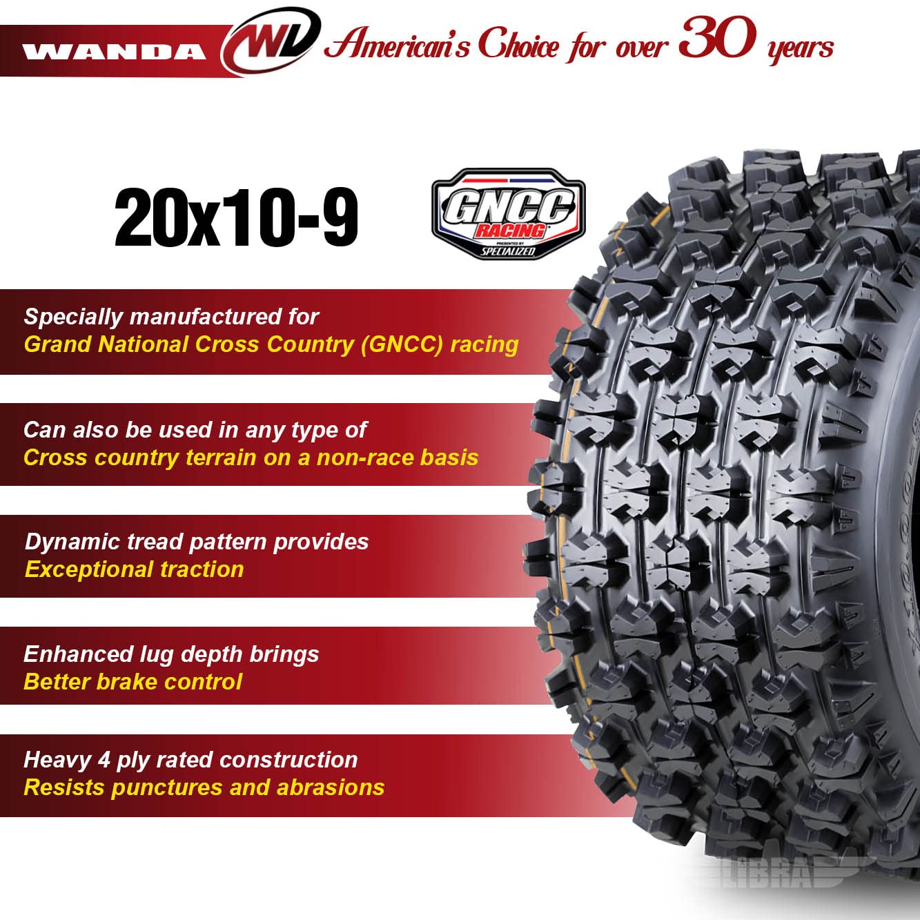 Wanda Set 2 Sport Atv Tires At 20X10-9 P357 Gncc (Grand National Cross Country) Race Tire 0.71'' Lugs 10081